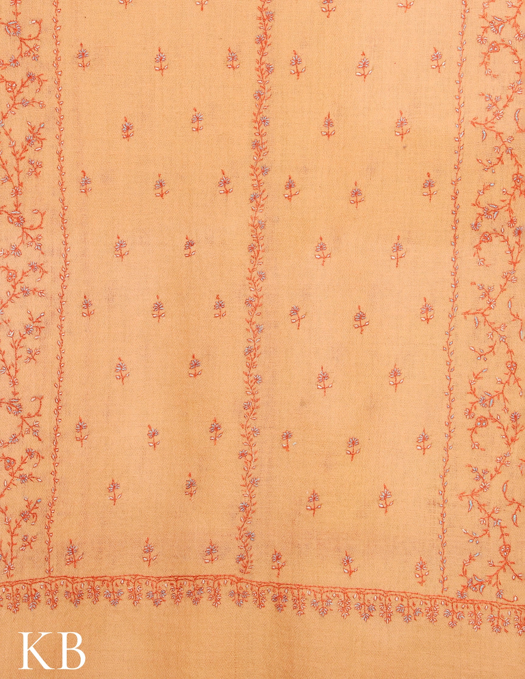 Buff Orange Sozni Embroidered Pure Pashmina Stole - Kashmir Box