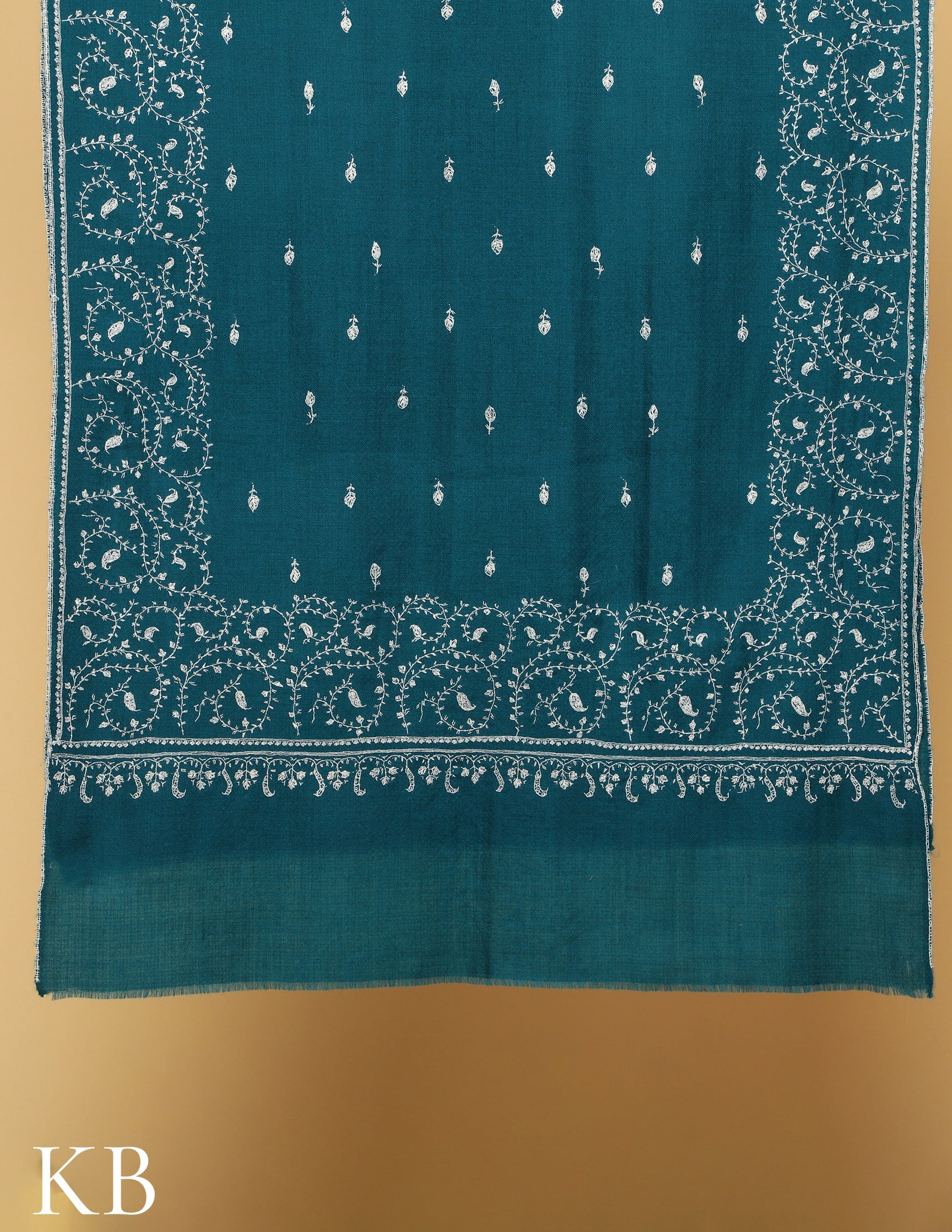 Deep Teal Sozni Embroidered Pure Pashmina Stole - Kashmir Box