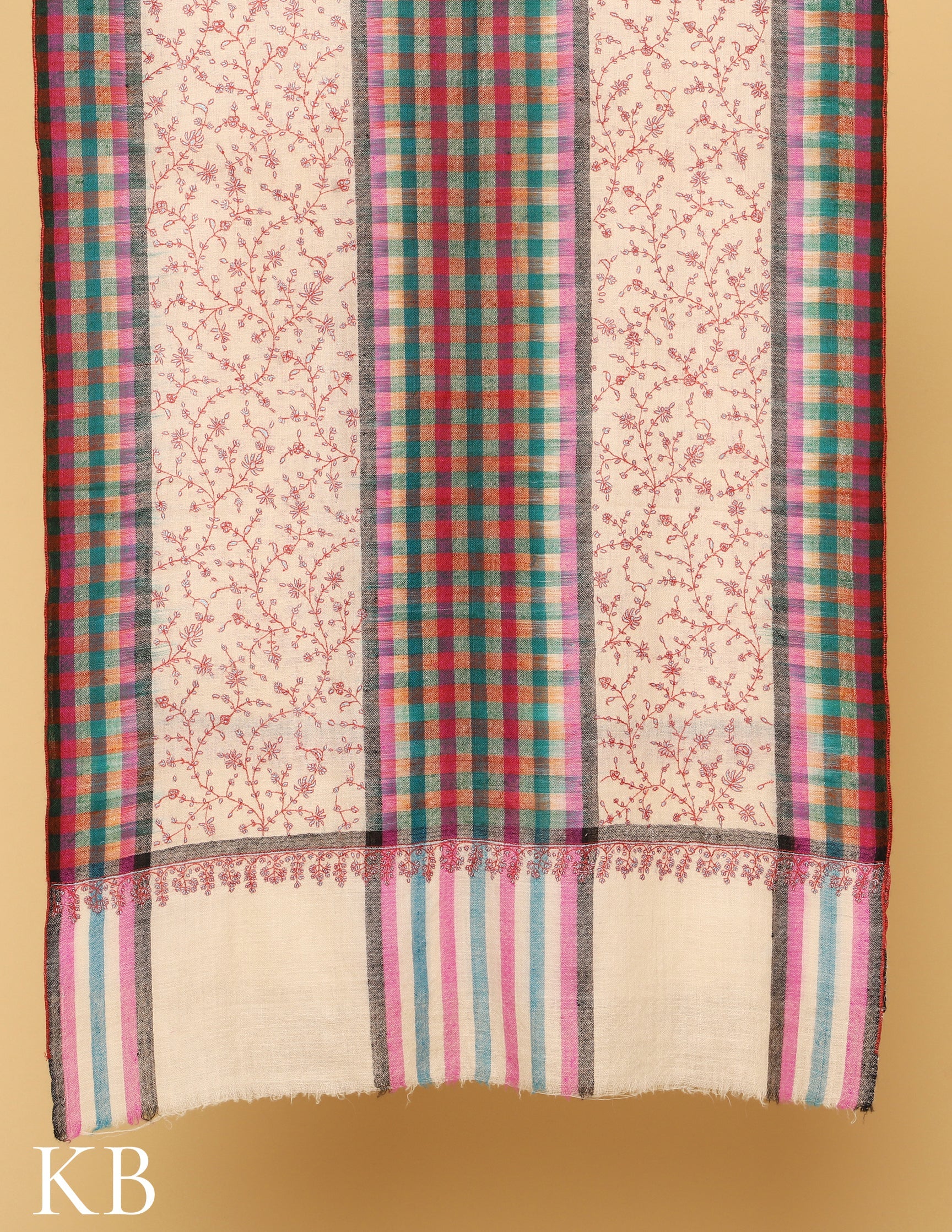Off White Sozni Embroidered and checked Palla Pure Pashmina Stole - Kashmir Box