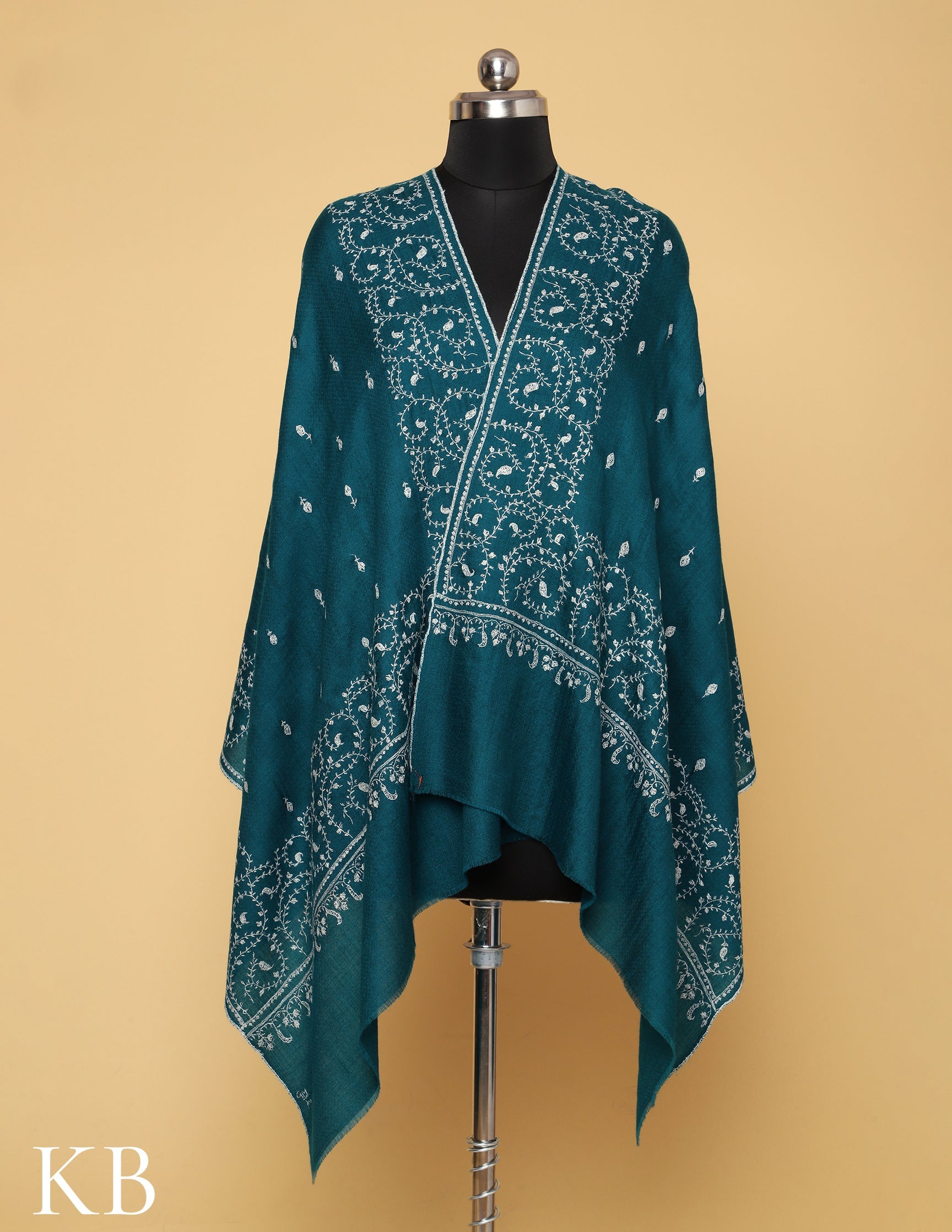 Deep Teal Sozni Embroidered Pure Pashmina Stole - Kashmir Box