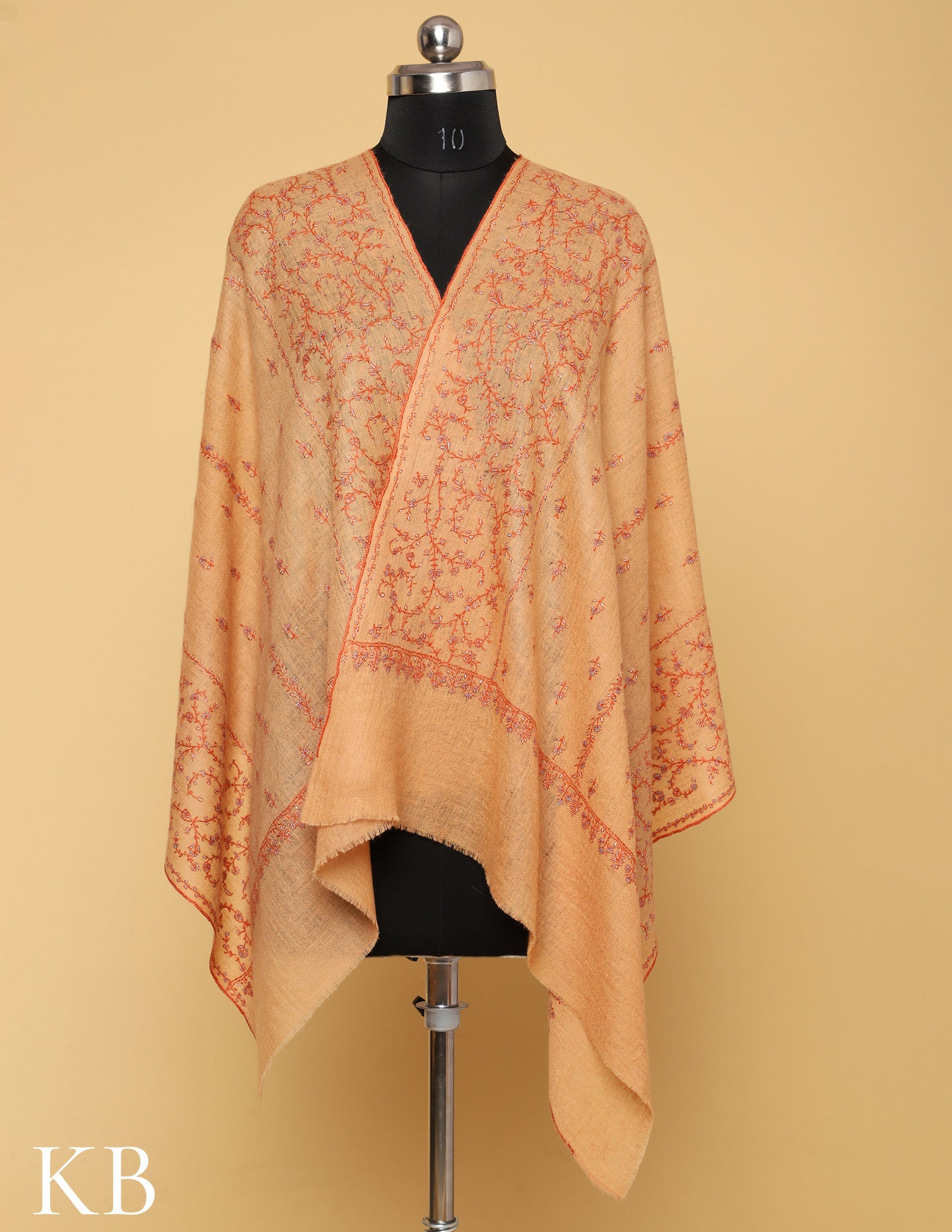 Buff Orange Sozni Embroidered Pure Pashmina Stole - Kashmir Box
