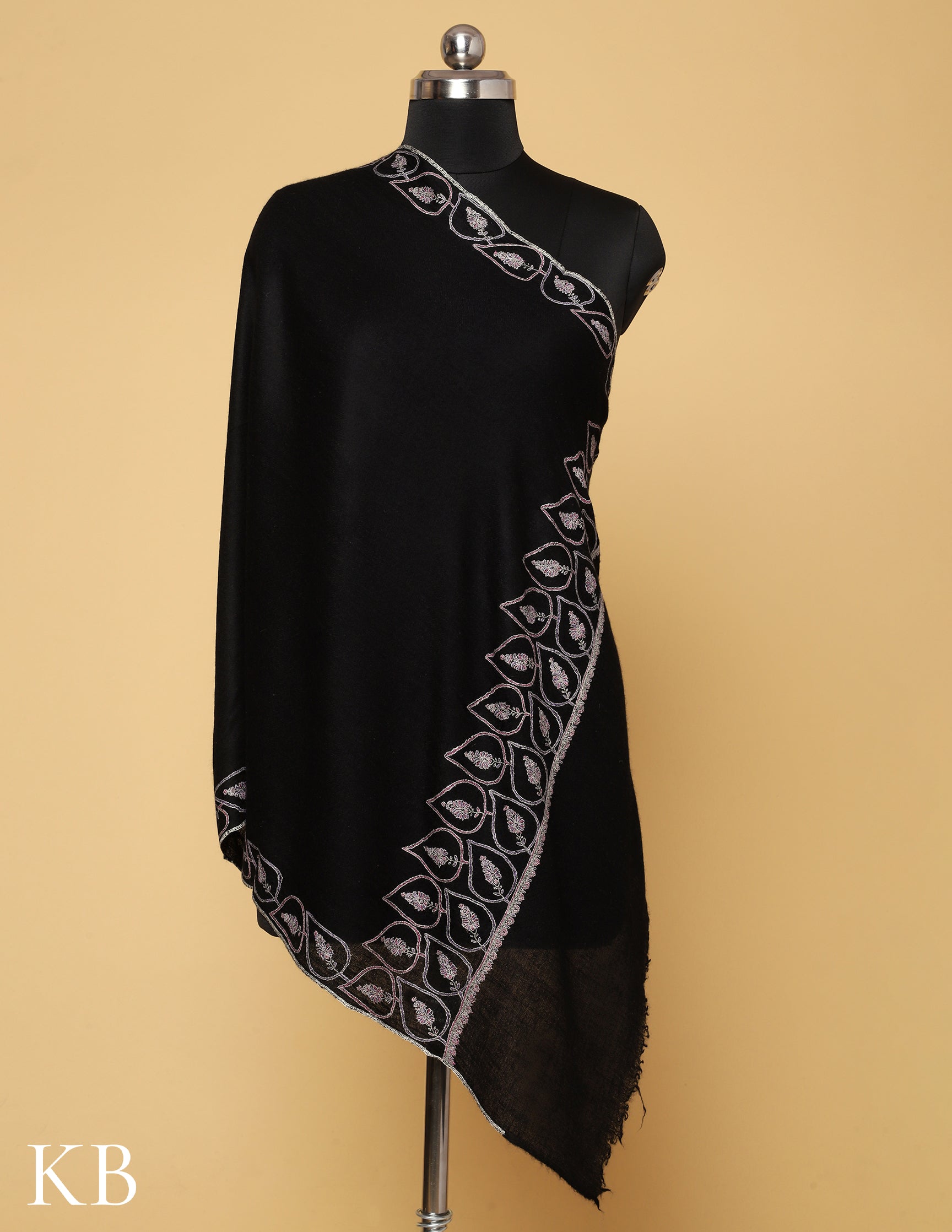 Black Sozni Embroidered Pure Pashmina Stole - Kashmir Box