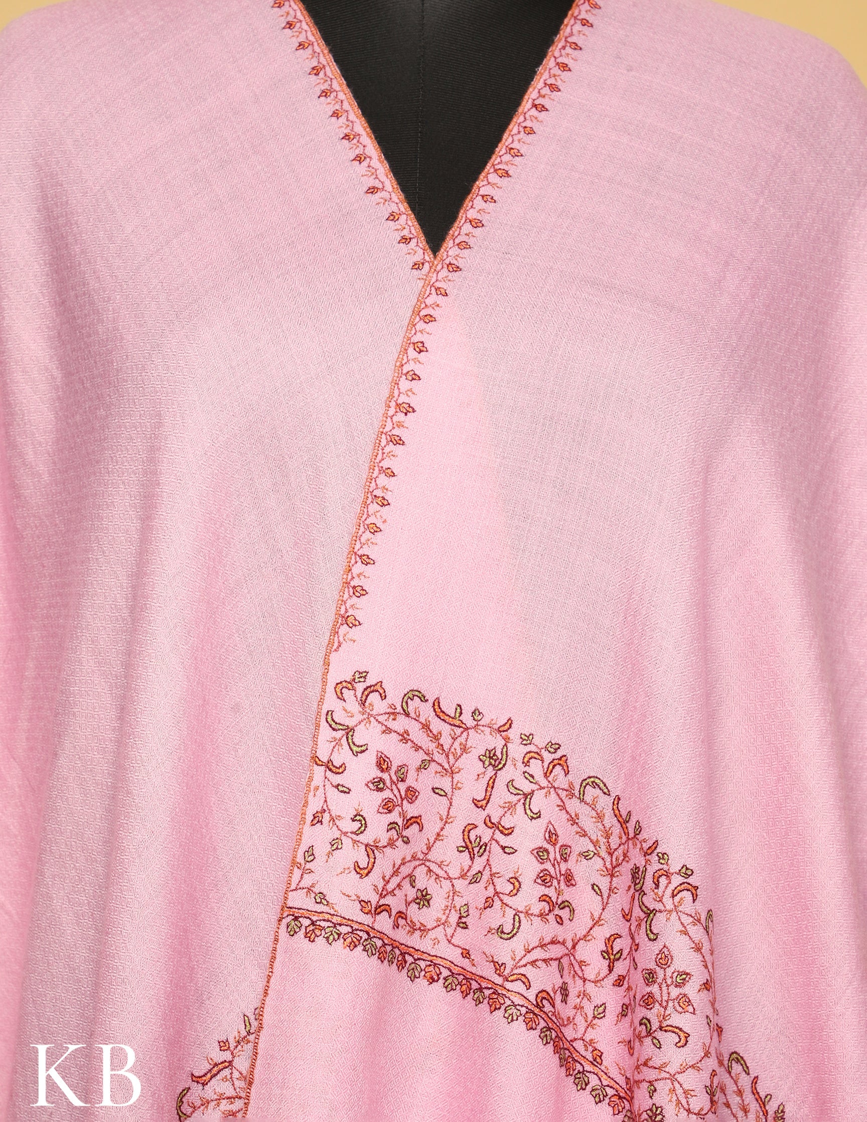 Pink Pure Pashmina Sozni Embroidered Stole - Kashmir Box