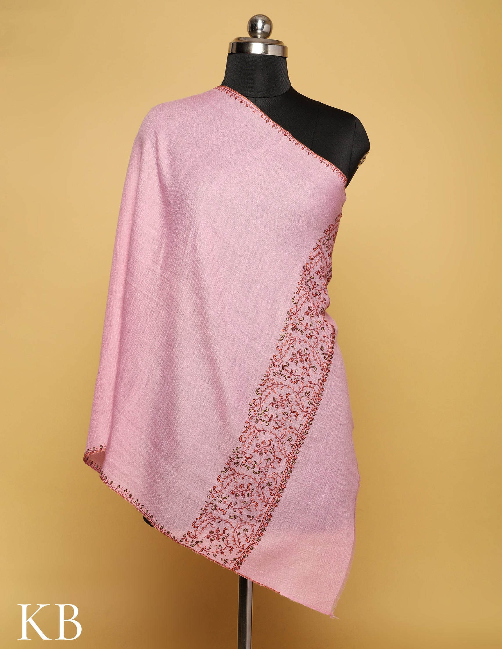 Pink Pure Pashmina Sozni Embroidered Stole - Kashmir Box