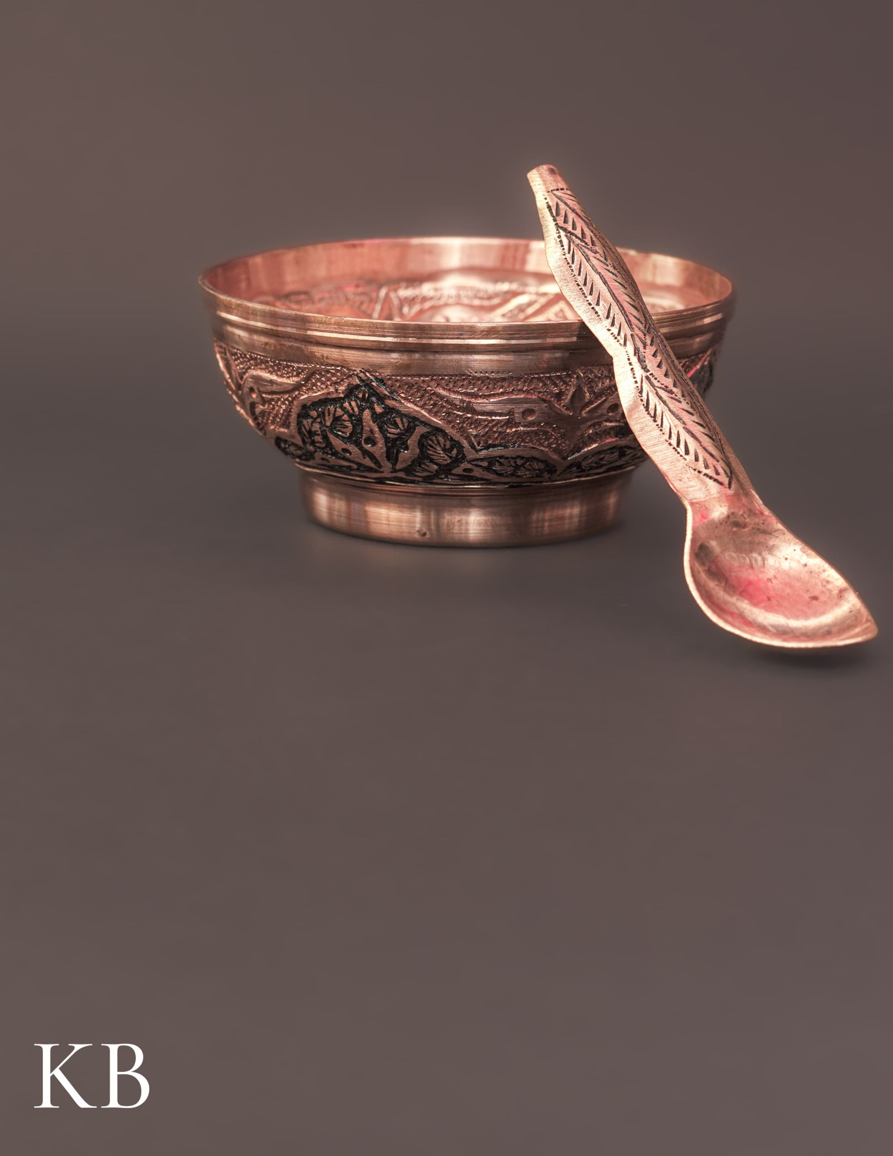 Kashmiri Copperware Small Bowl with Spoon | Artisan-Made | Handcrafted Heritage
