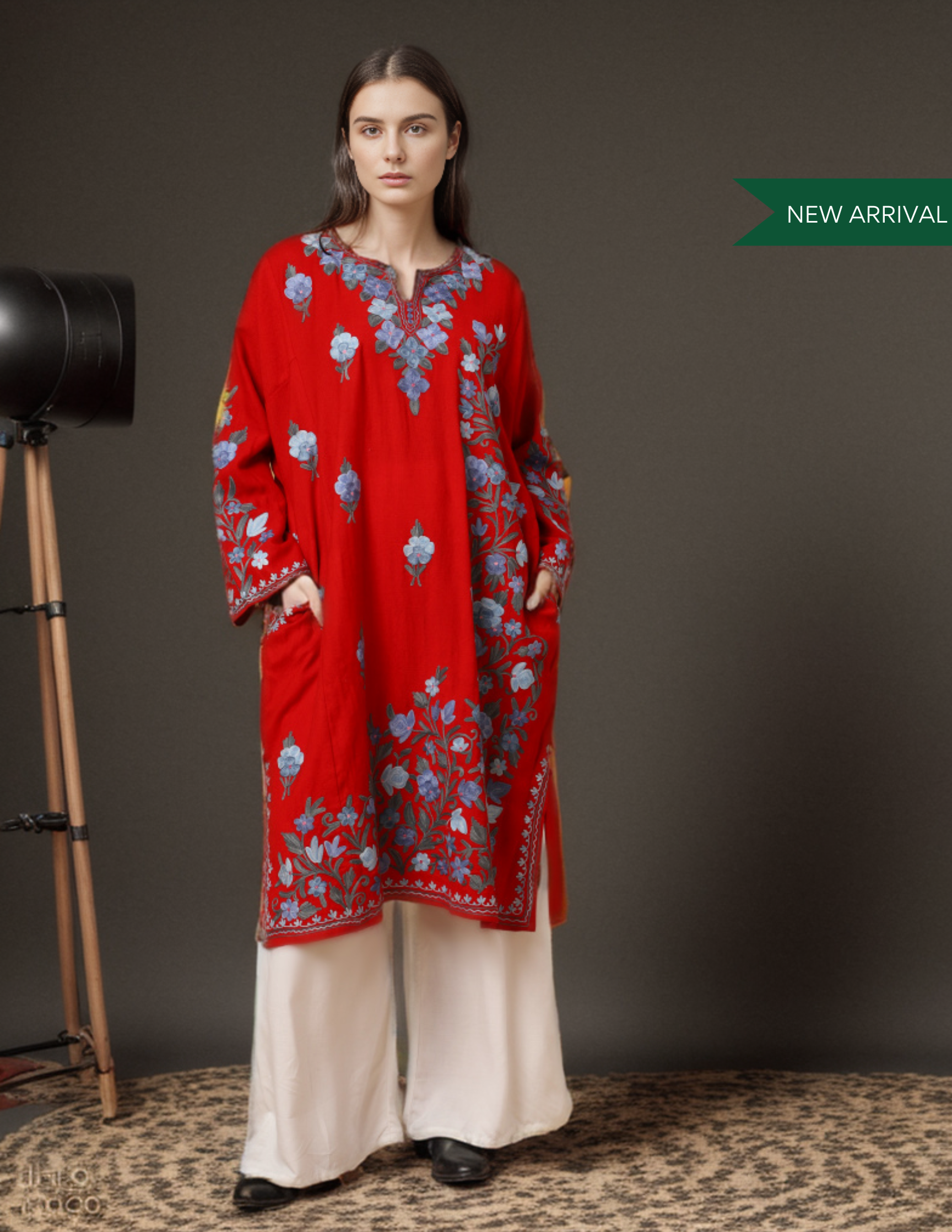 Cherry Red Aari Embroidered Pure wool Phiran - Kashmir Box