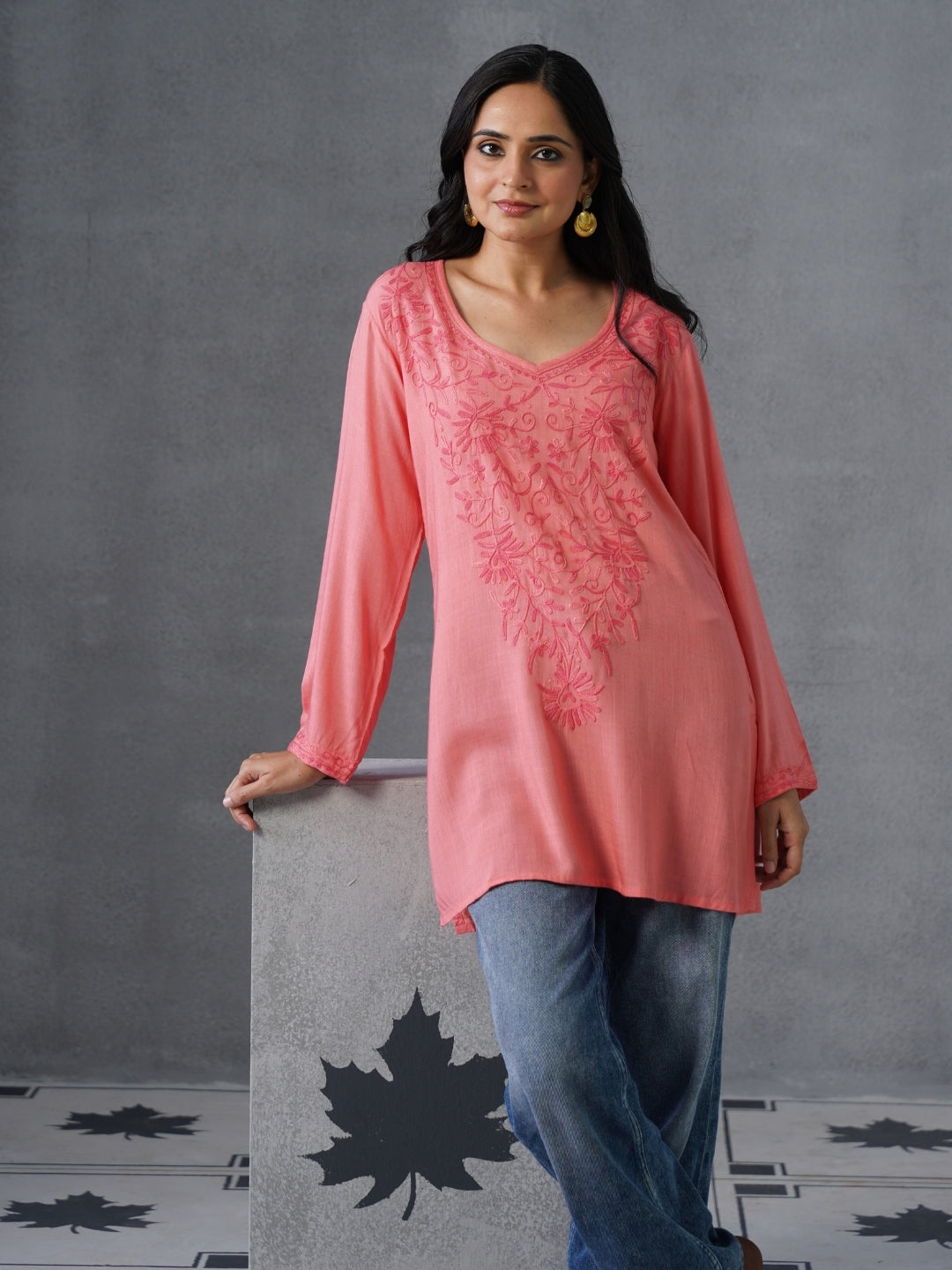 Women’s Pink Kashmiri Aari Embroidered Floral Short Kurti – Casual & Office Wear