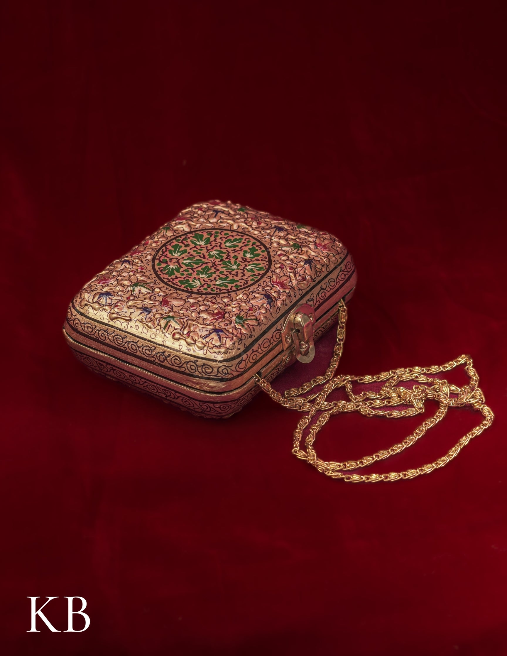 Kashmiri Papier Mâché Clutch – Small Golden Hand-Painted | Artisan-Made | Handcrafted Heritage