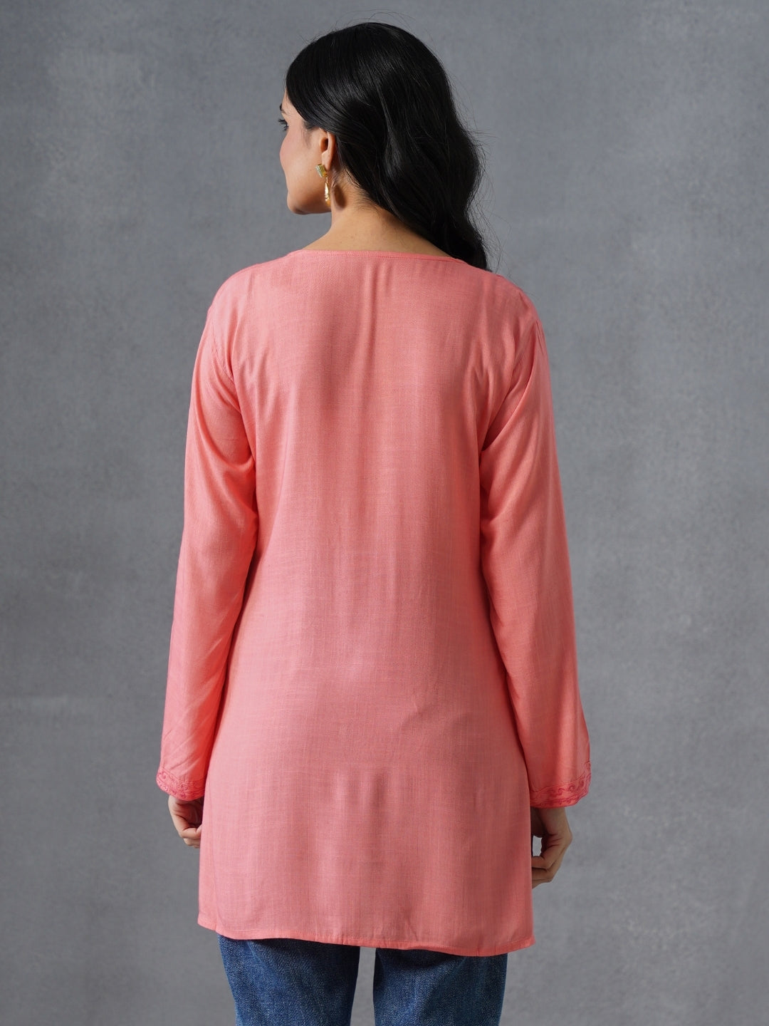 Women’s Pink Kashmiri Aari Embroidered Floral Short Kurti – Casual & Office Wear