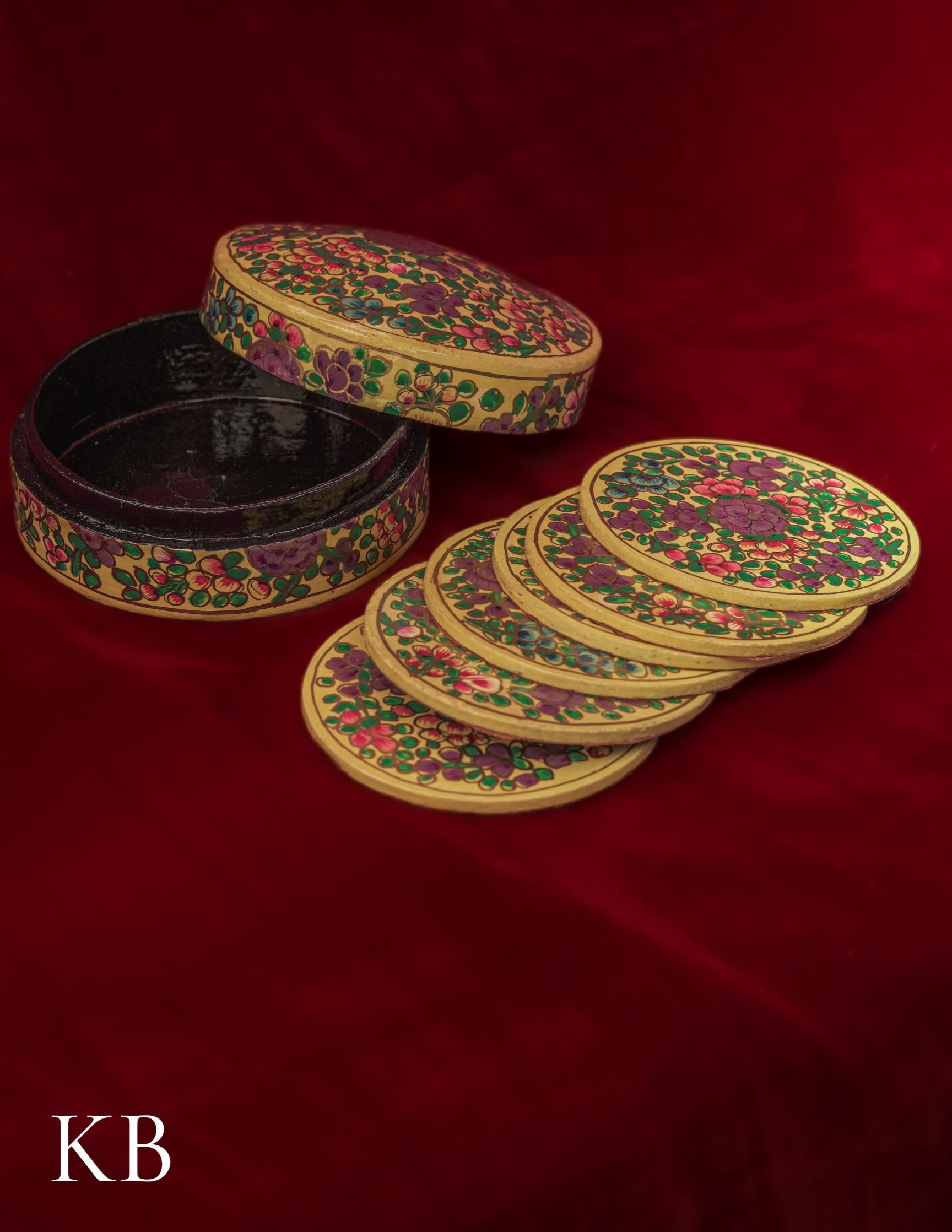 Kashmiri Papier Mâché Round Coaster Set – Hand-Painted Yellow Floral (Set of 6) | Artisan-Made | Handcrafted Heritage
