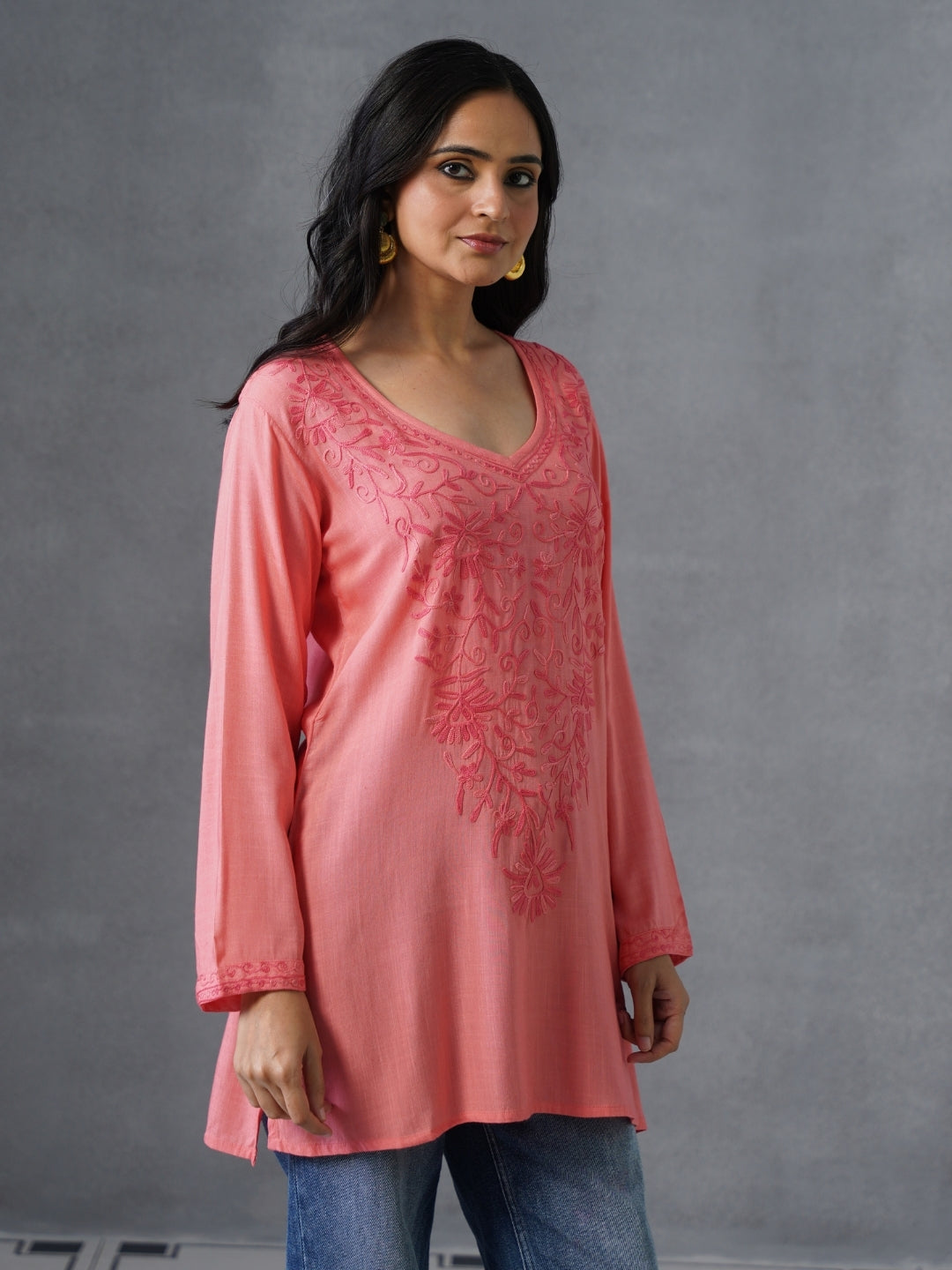Women’s Pink Kashmiri Aari Embroidered Floral Short Kurti – Casual & Office Wear