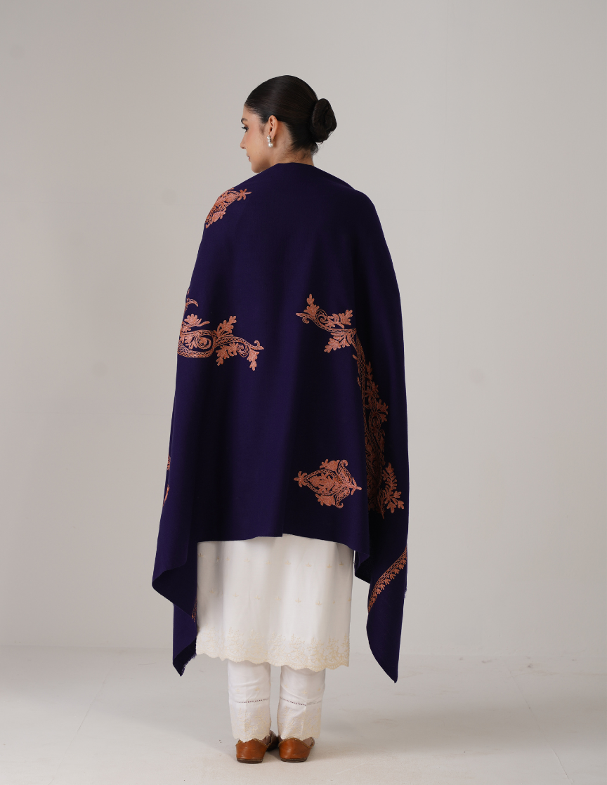 Royal Blue Woollen Shawl with Tilla Work | Subtle Festive Shine - Kashmir Box