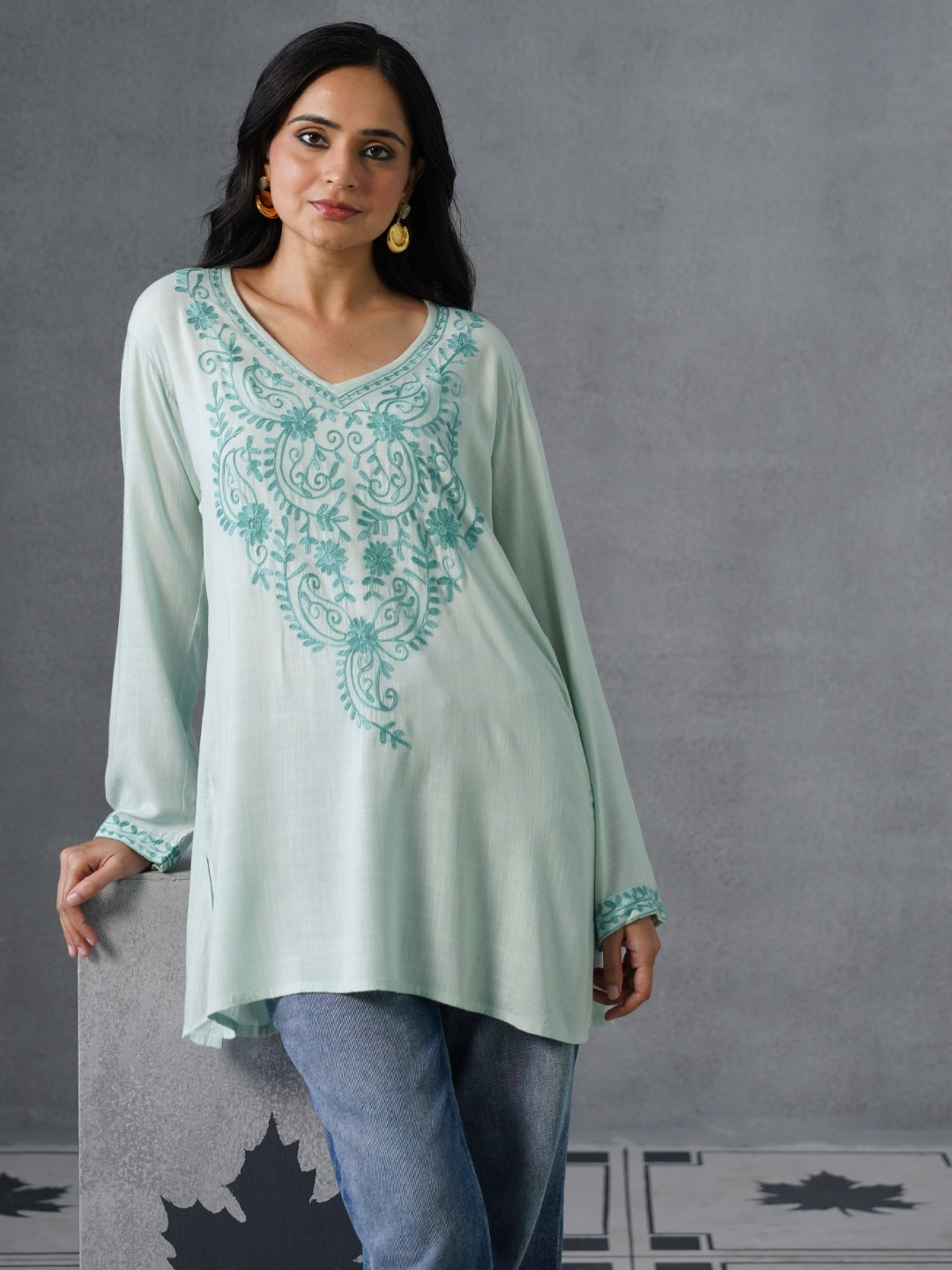 Women’s Light Blue Kashmiri Aari Embroidered Floral Short Kurti – Casual & Office Wear