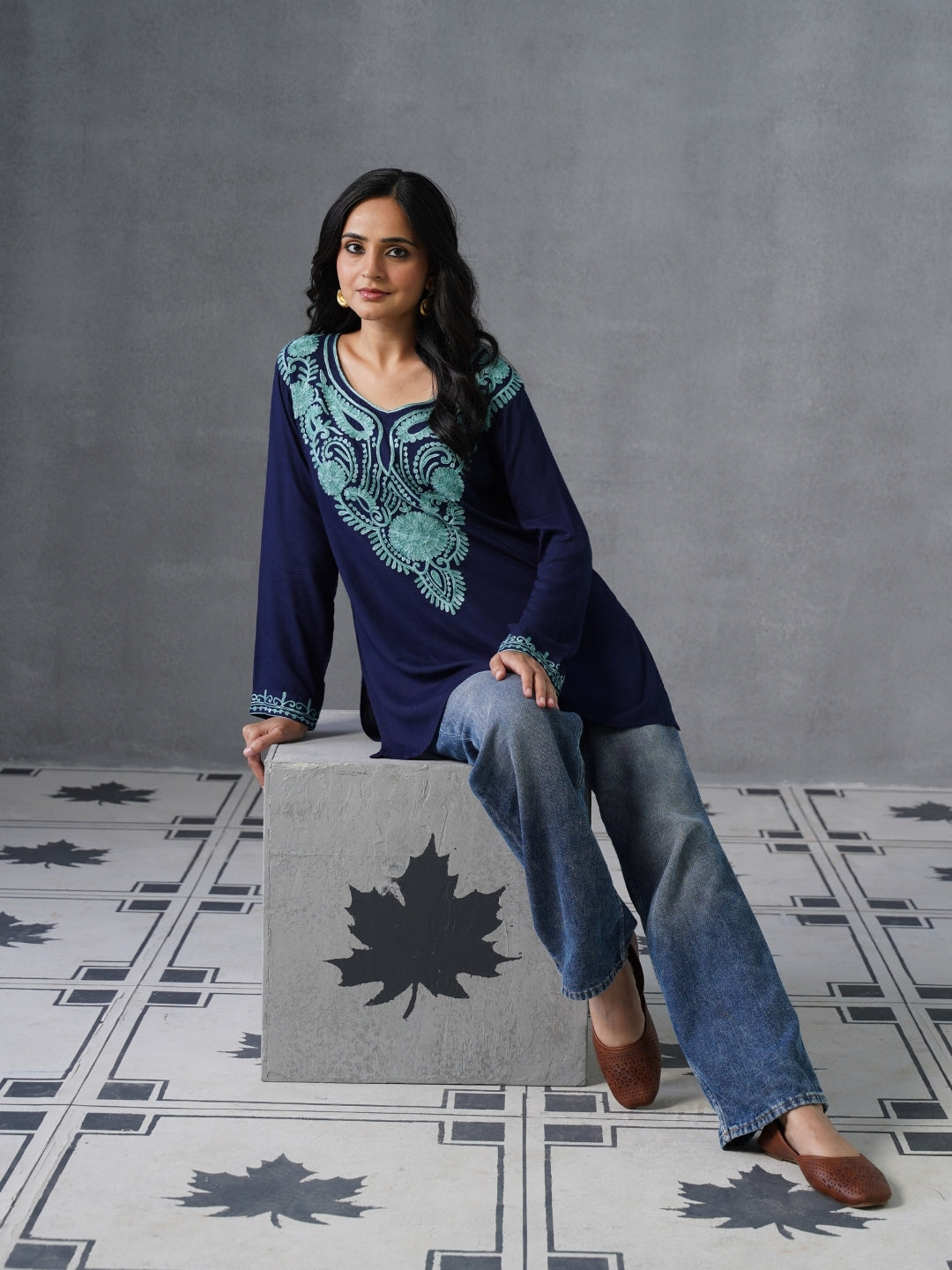 Women’s Navy Blue Kashmiri Aari Embroidered Short Kurti – Casual & Office Wear