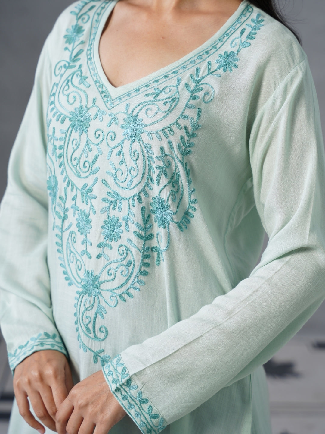 Women’s Light Blue Kashmiri Aari Embroidered Floral Short Kurti – Casual & Office Wear