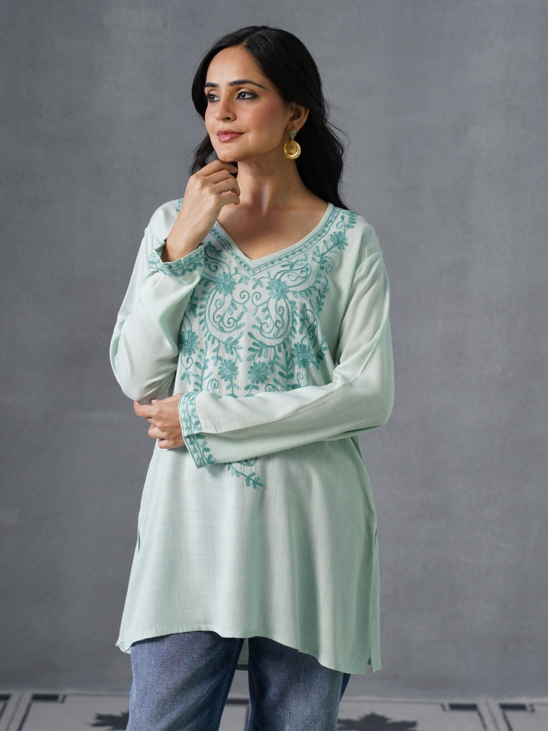 Women’s Light Blue Kashmiri Aari Embroidered Floral Short Kurti – Casual & Office Wear