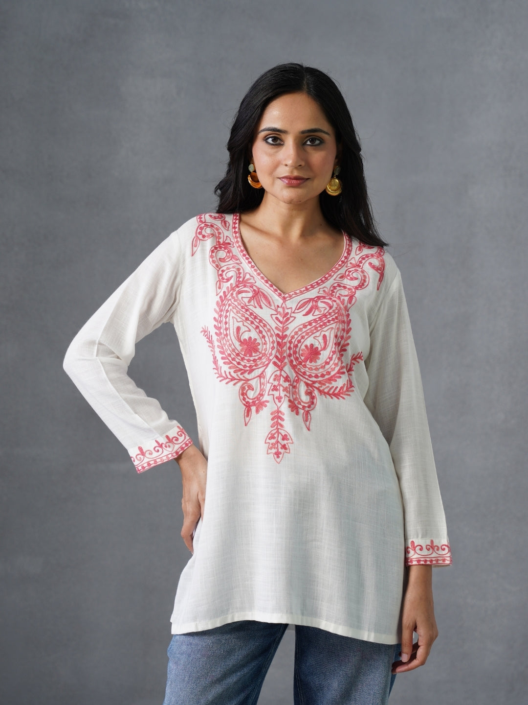 Women’s White Kashmiri Aari Embroidered Red Floral Short Kurti – Casual & Office Wear