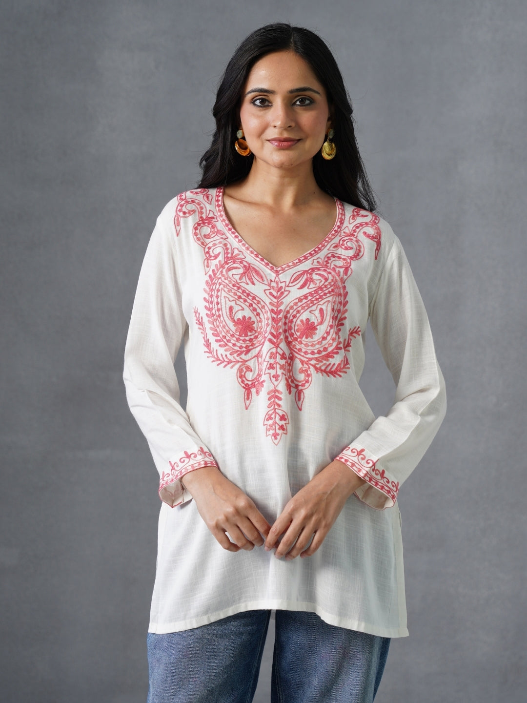 Women’s White Kashmiri Aari Embroidered Red Floral Short Kurti – Casual & Office Wear