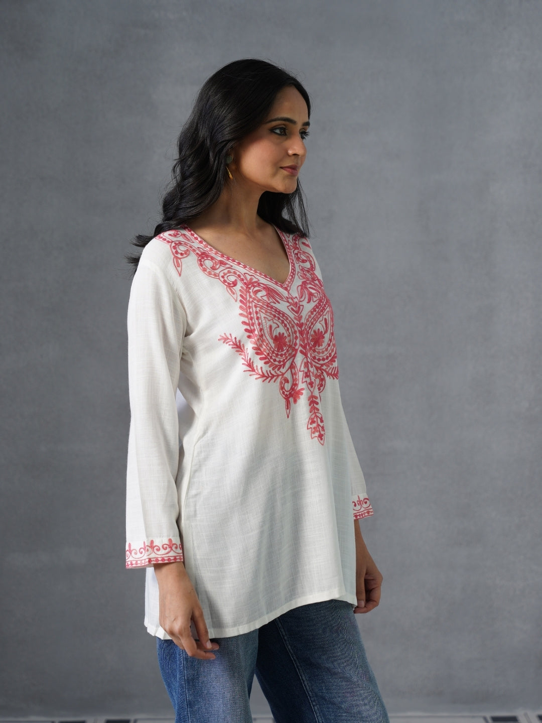 Women’s White Kashmiri Aari Embroidered Red Floral Short Kurti – Casual & Office Wear