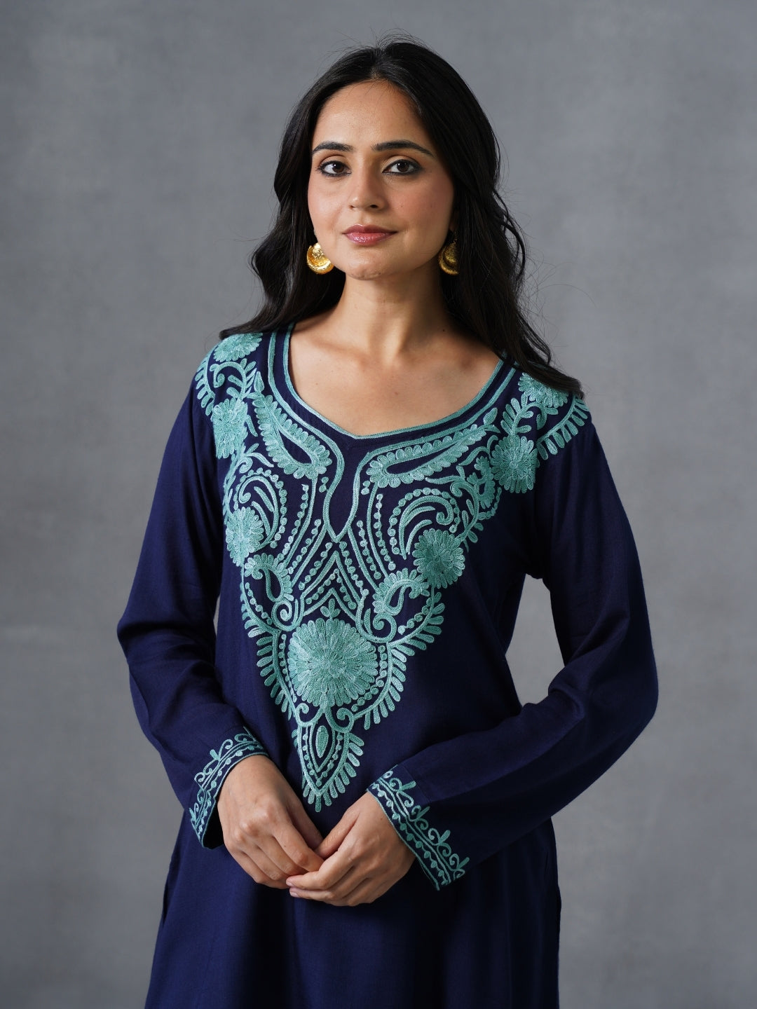 Women’s Navy Blue Kashmiri Aari Embroidered Short Kurti – Casual & Office Wear