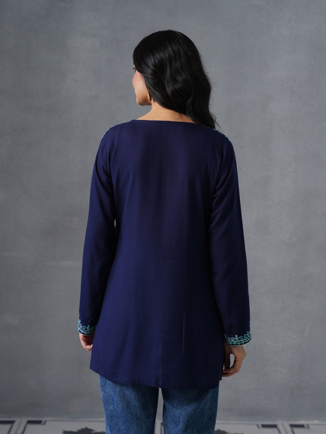 Women’s Navy Blue Kashmiri Aari Embroidered Short Kurti – Casual & Office Wear