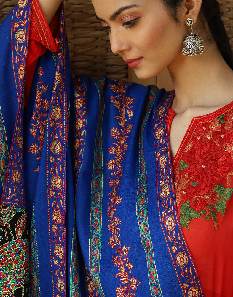 Royal Blue Stripped Sozni Pashmina Shawl - KashmirBox.com