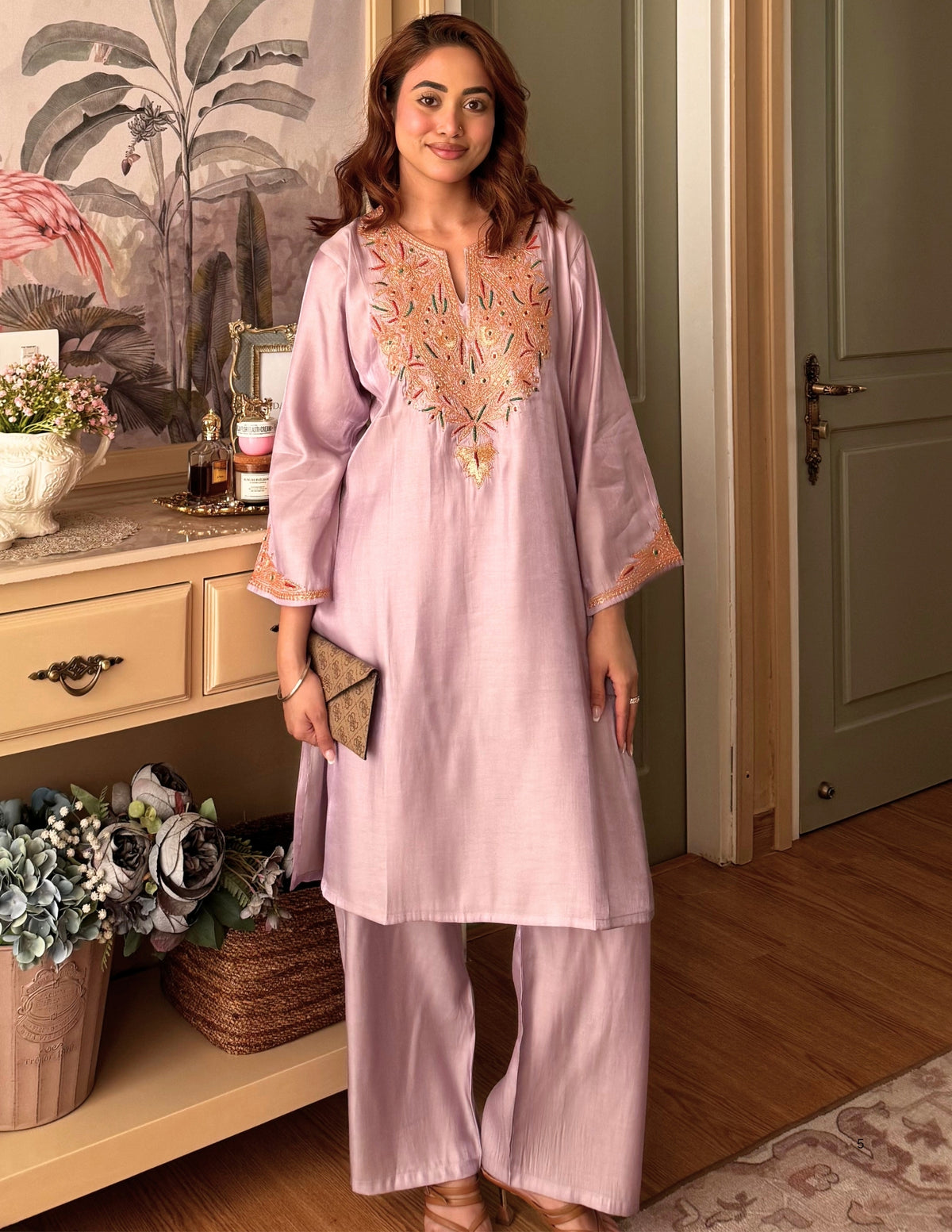 Kashmiri Tilla & Thread Embroidered Silk Co-ord Set – Dusty Lavender
