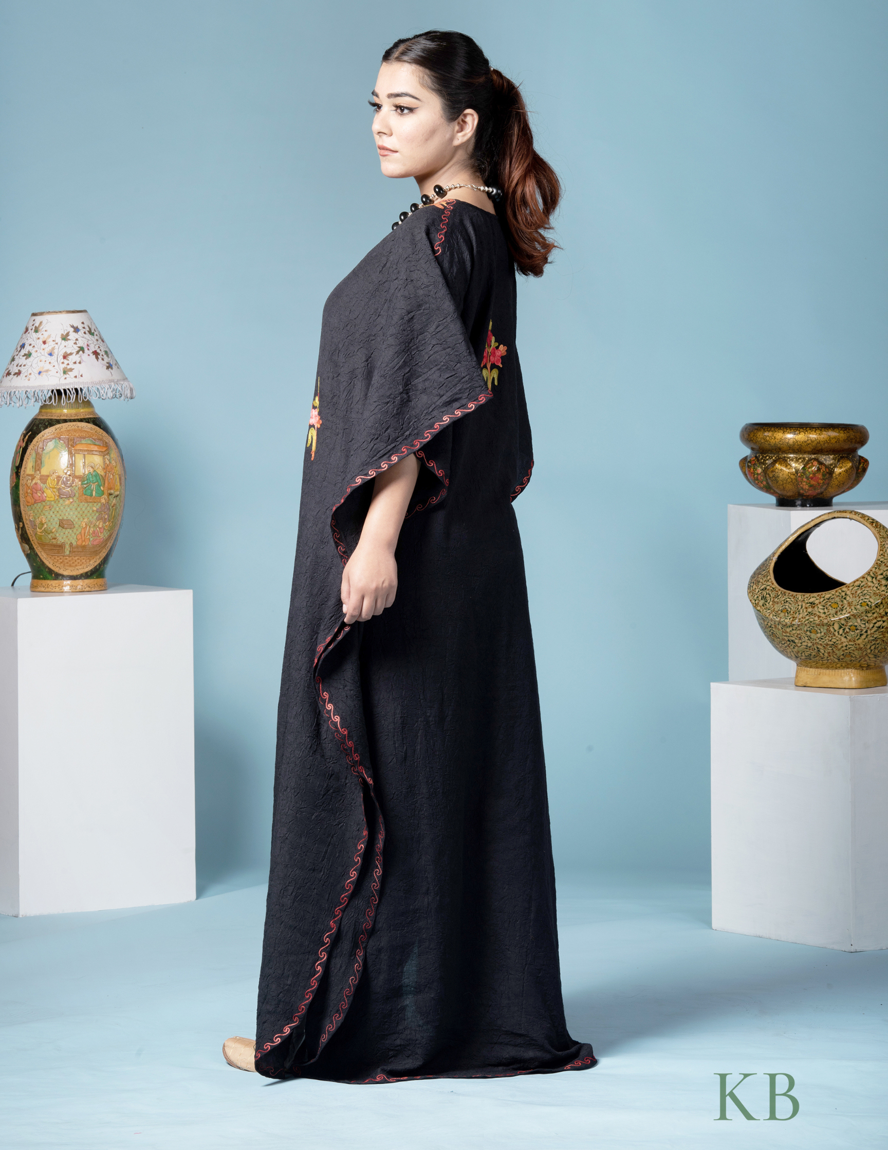 Black Floral Aari Embroidered Summer Cotton Kaftan - Kashmir Box