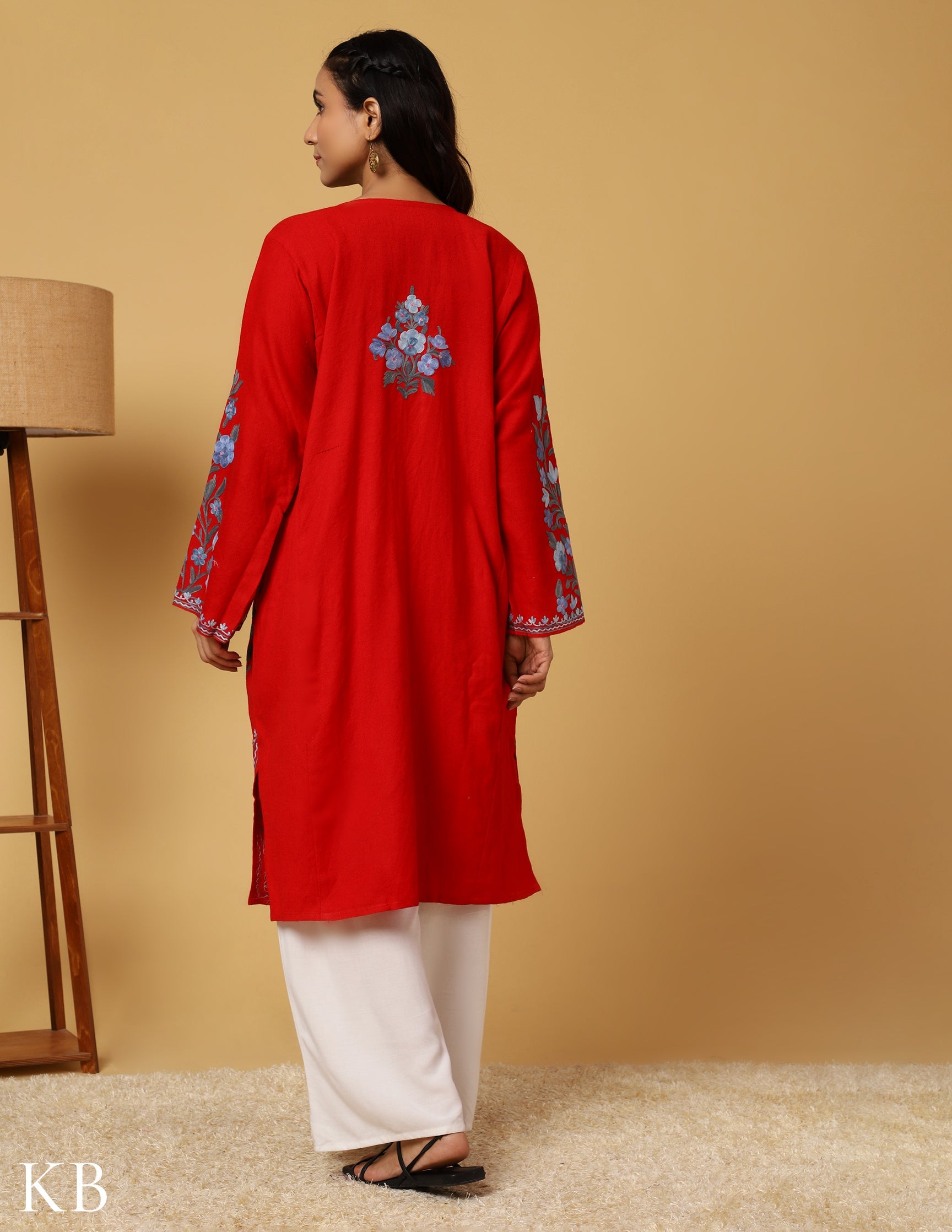 Cherry Red Aari Embroidered Pure wool Phiran - Kashmir Box