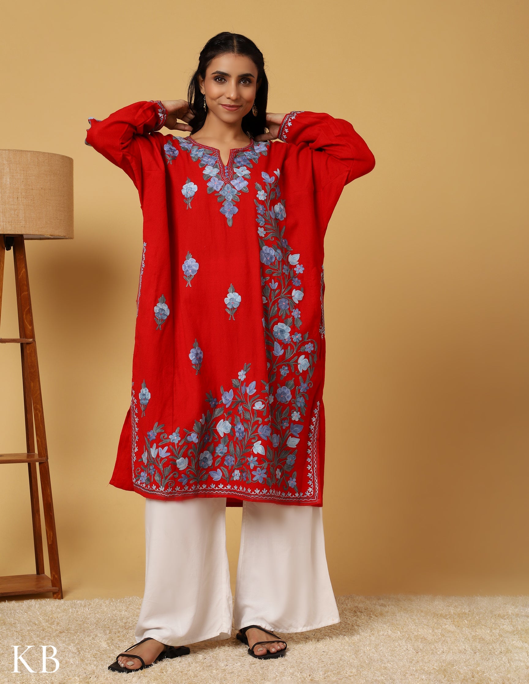 Cherry Red Aari Embroidered Pure wool Phiran - Kashmir Box