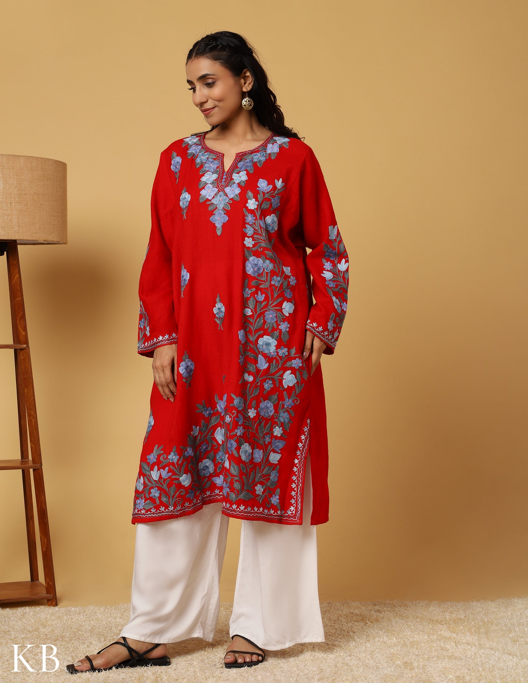Cherry Red Aari Embroidered Pure wool Phiran - Kashmir Box
