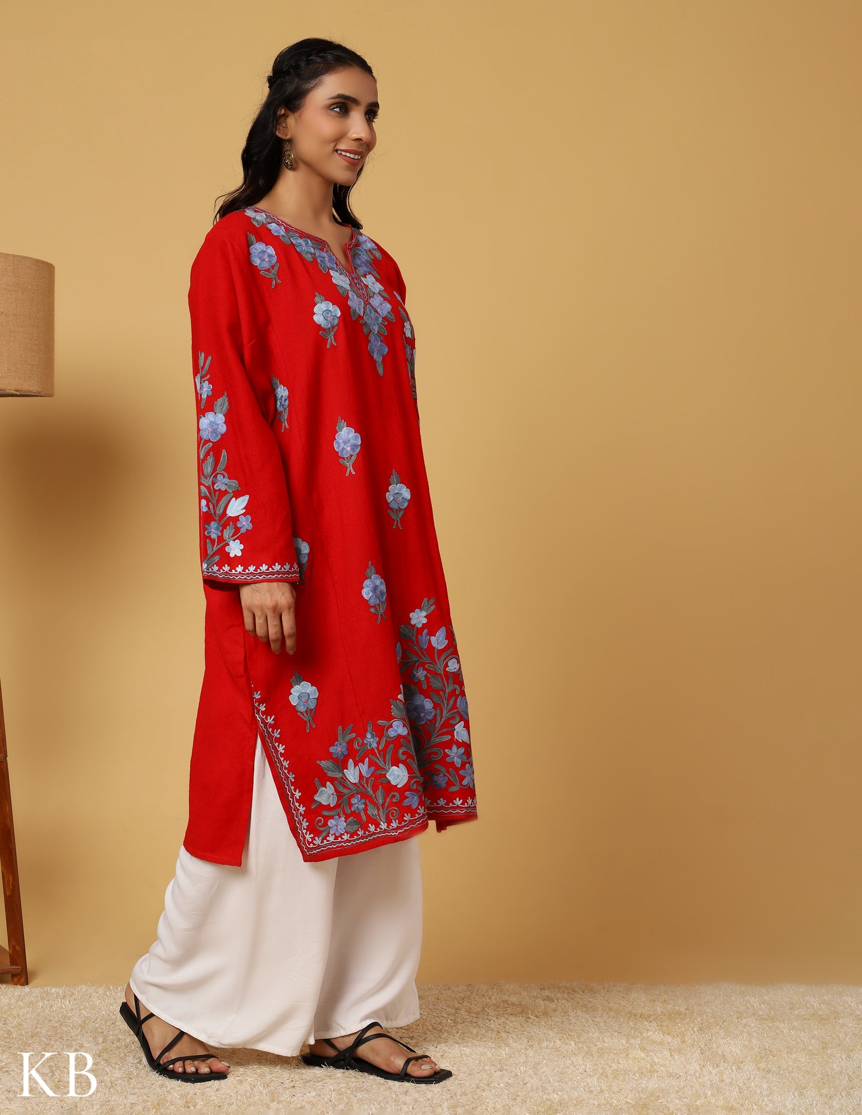 Cherry Red Aari Embroidered Pure wool Phiran - Kashmir Box