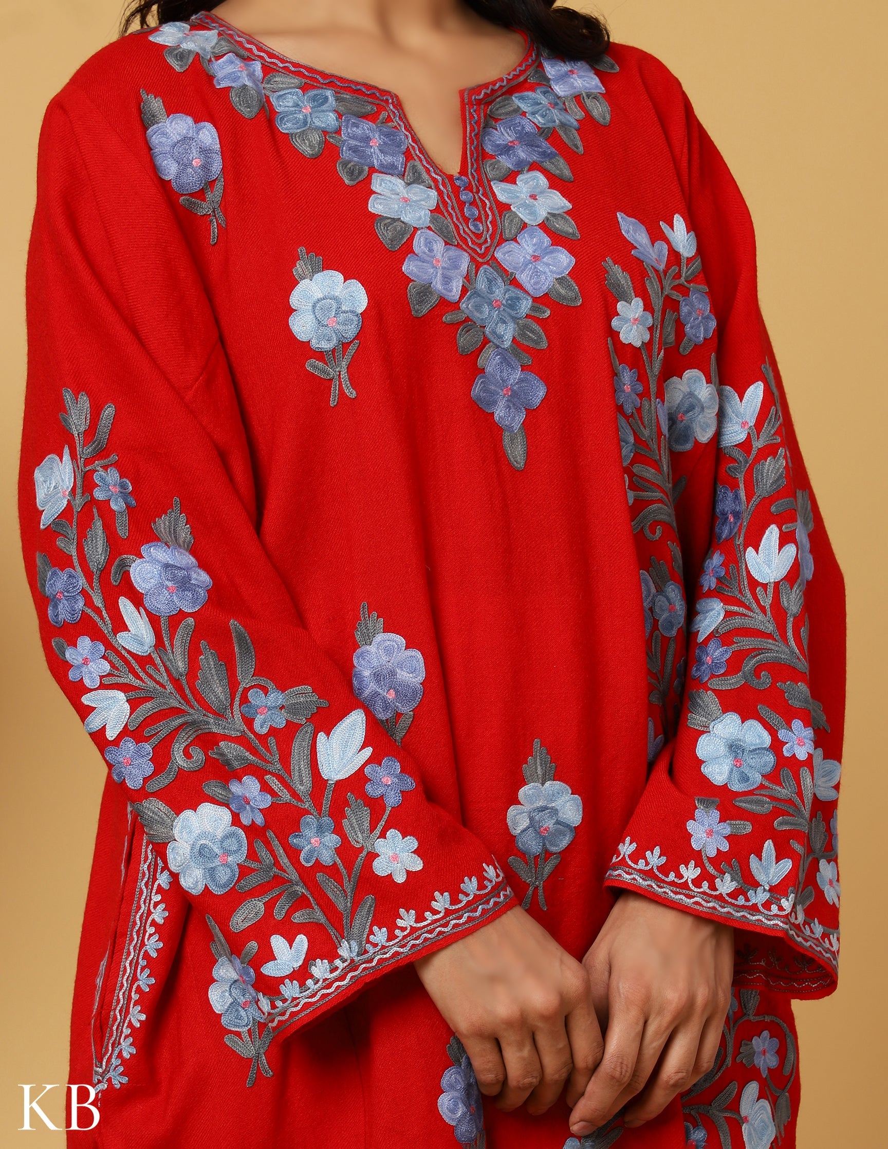 Cherry Red Aari Embroidered Pure wool Phiran - Kashmir Box
