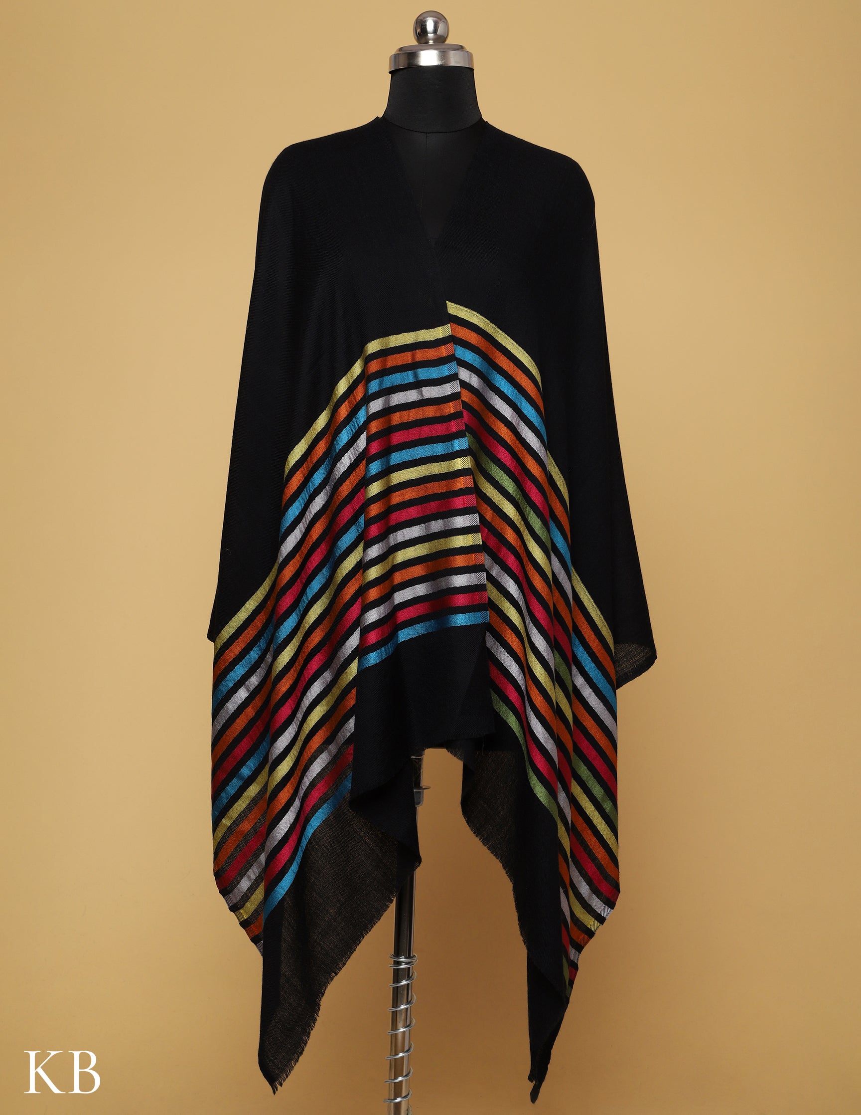 Black Silk Multi Striped Stole - Kashmir Box
