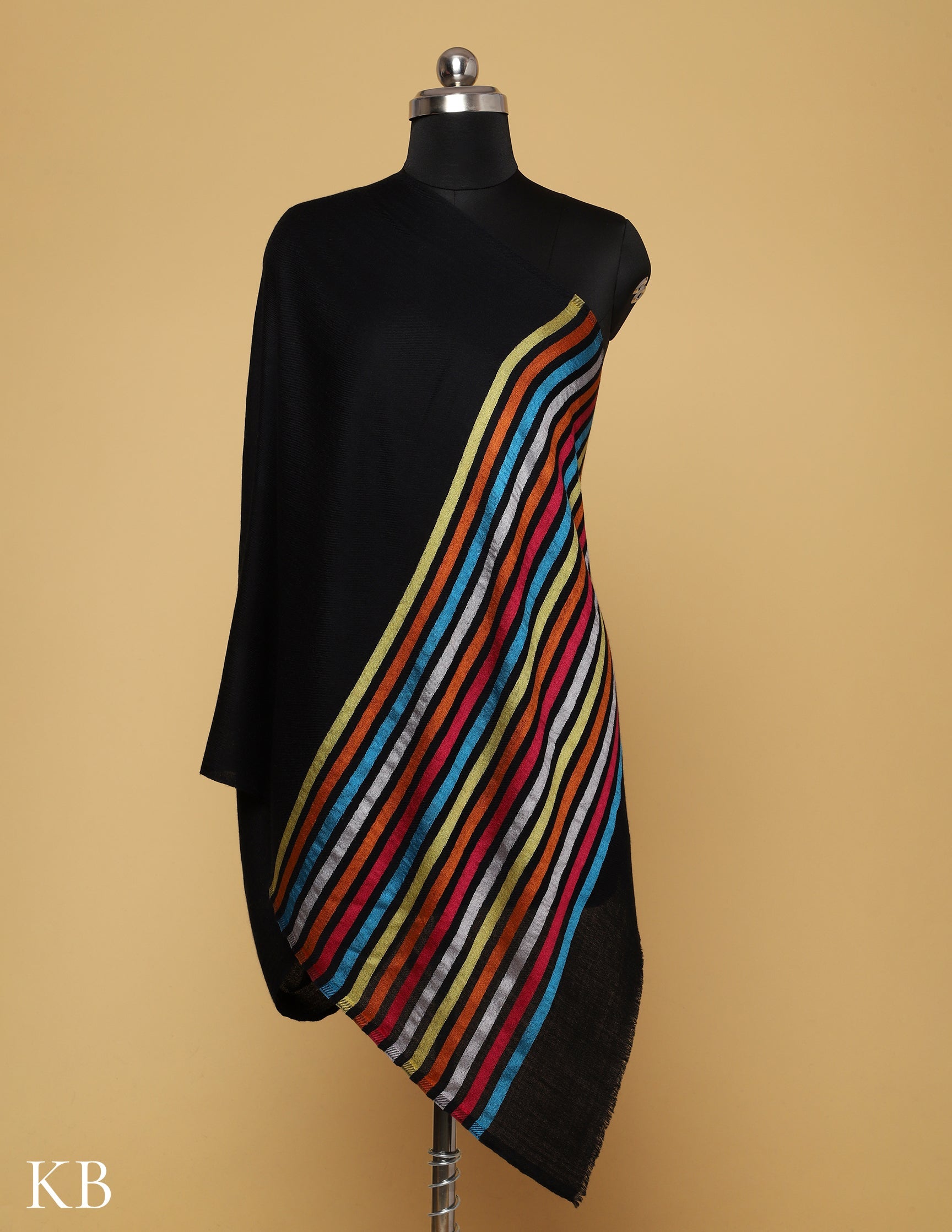 Black Silk Multi Striped Stole - Kashmir Box