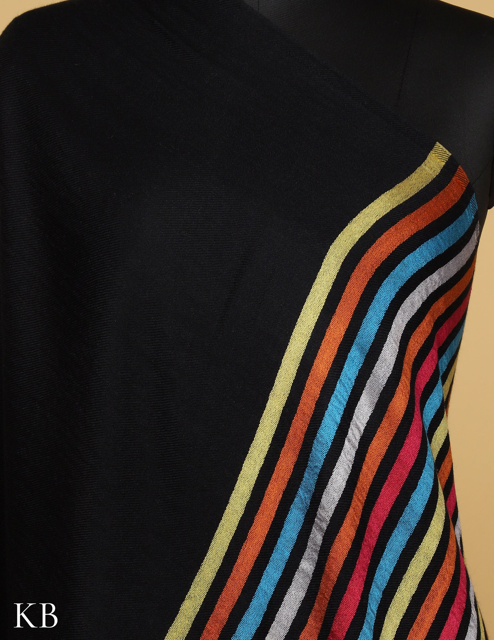 Black Silk Multi Striped Stole - Kashmir Box