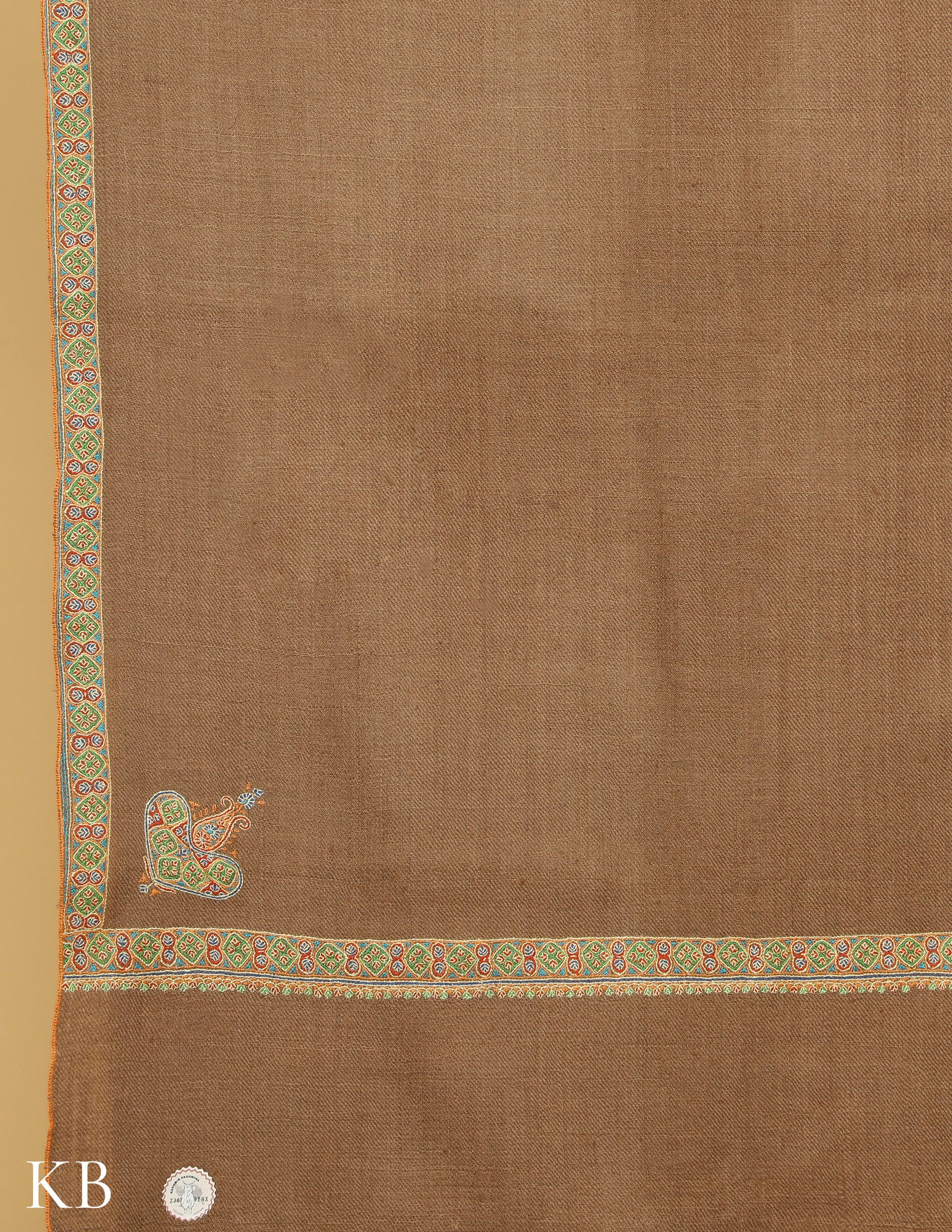 Earthy Brown Sozni Embroidered GI Pashmina Shawl - Kashmir Box