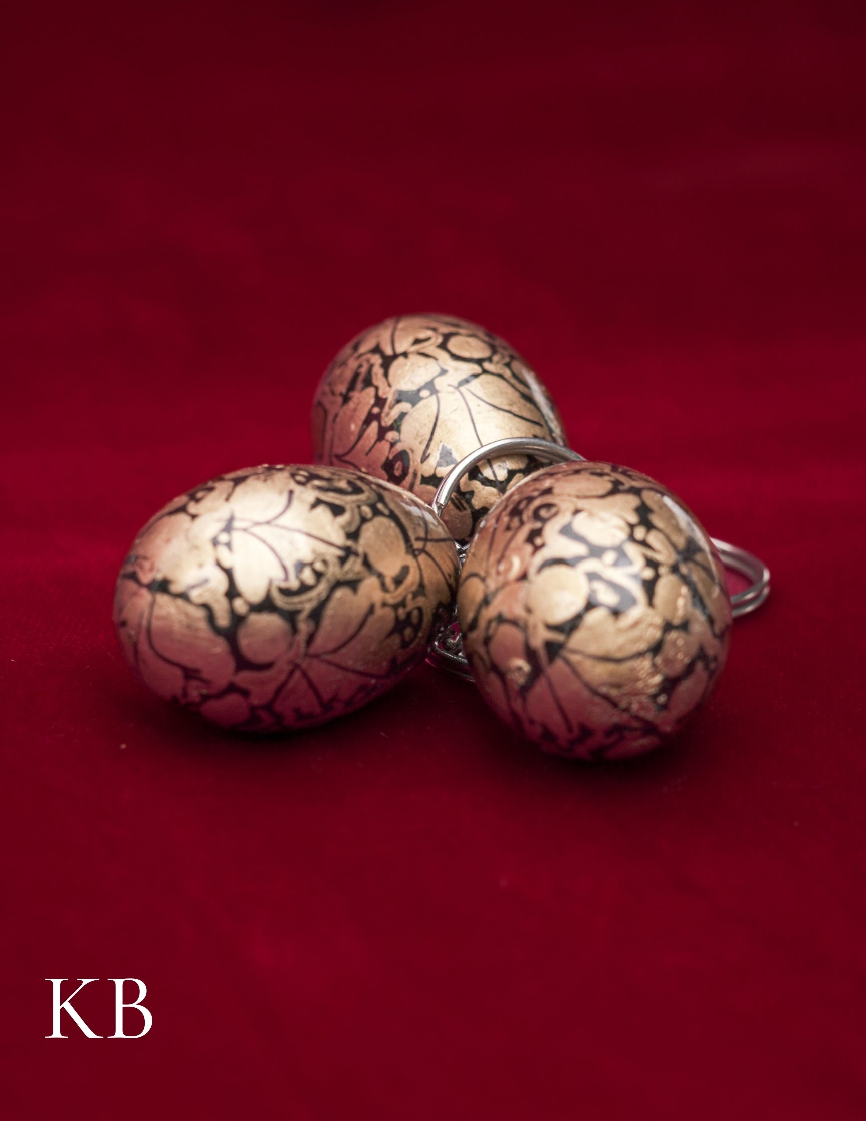 Kashmiri Papier Mâché Key Chain Set (3 pcs) – Hand-Painted Golden Floral | Artisan-Made | Handcrafted Heritage