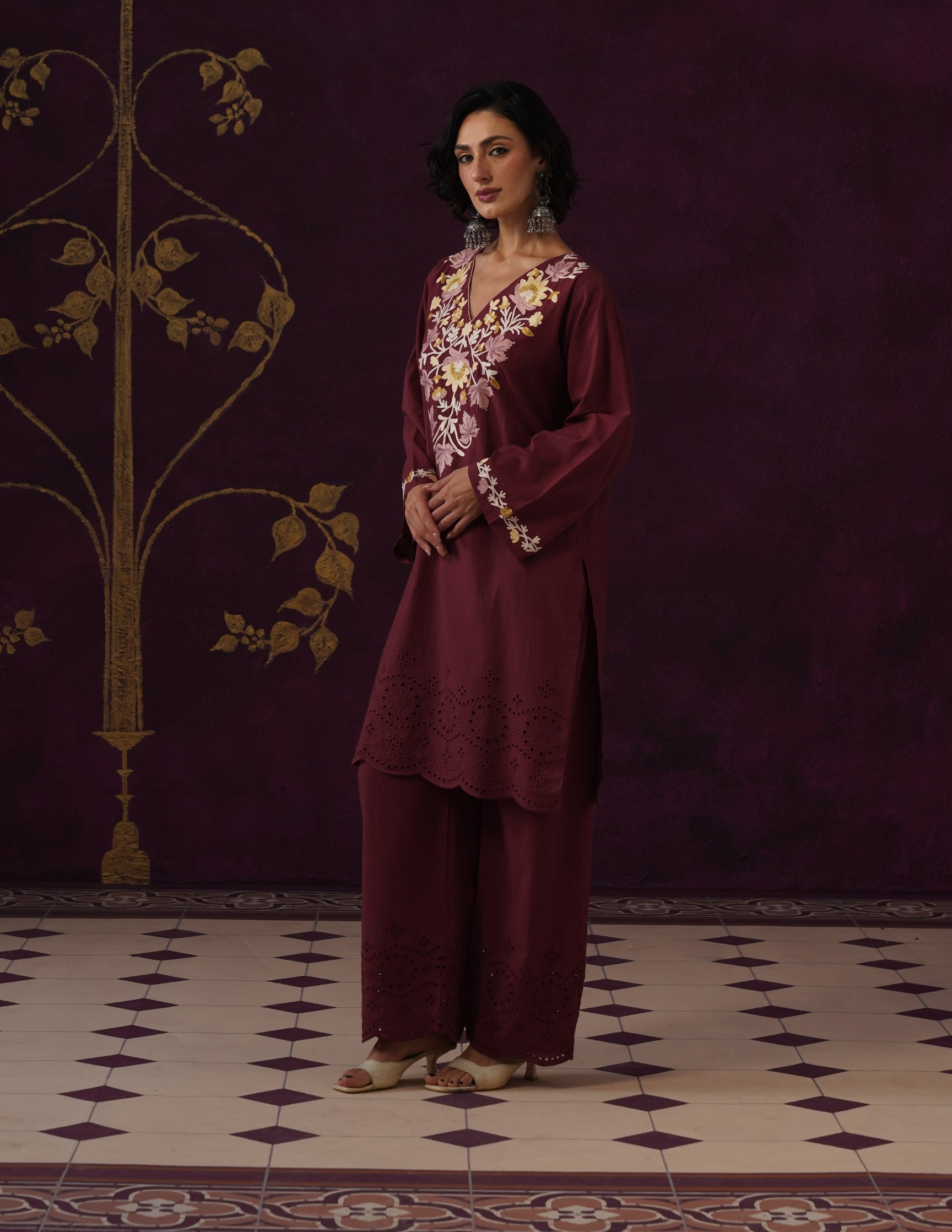 Maroon Schiffli & Aari Embroidered Cambric Cotton Co-ord Set