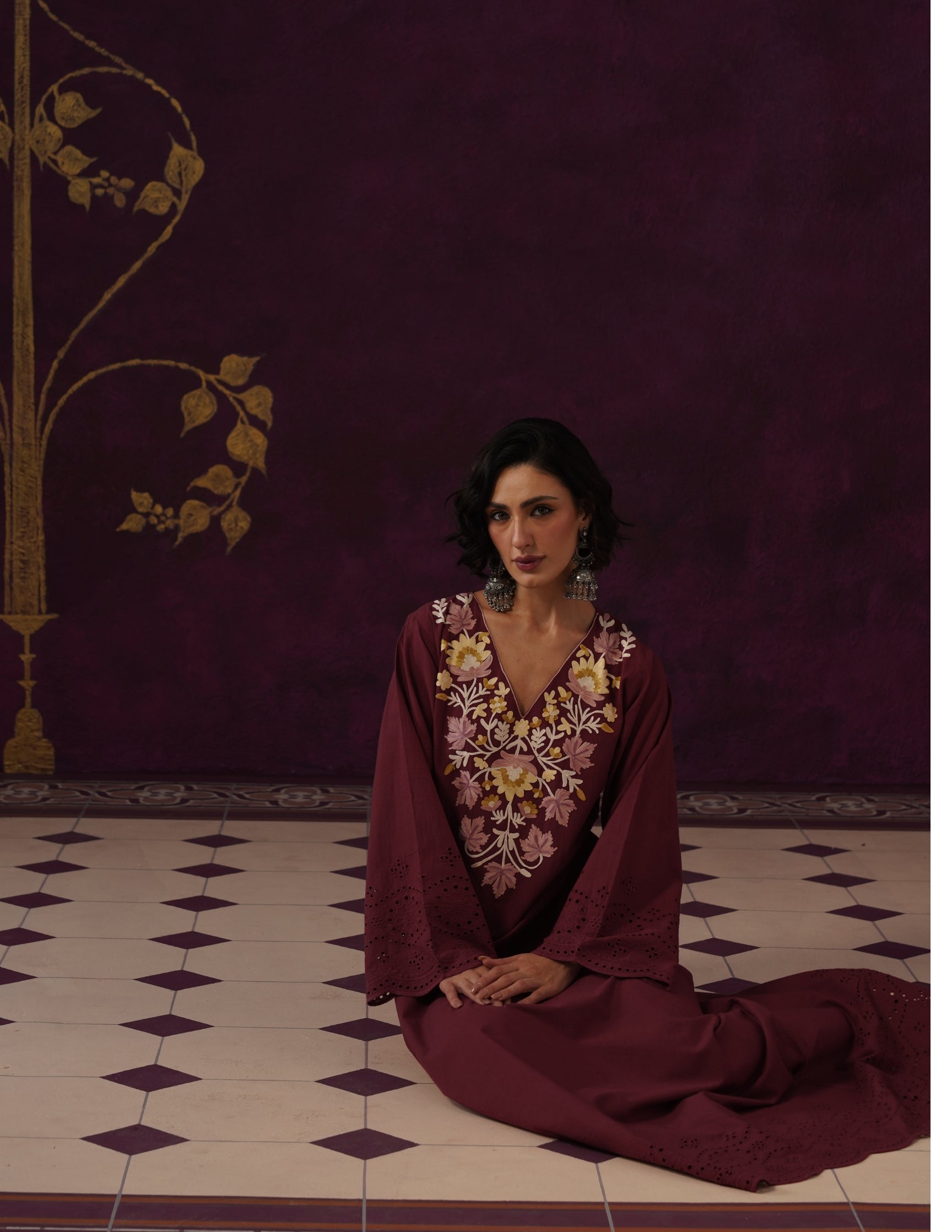 Maroon Schiffli & Aari Embroidered Cambric Cotton Gown