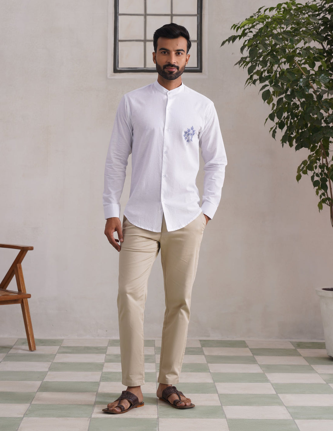 Kashmiri Sozni Chinar Linen Cotton Shirt – White | Handcrafted Heritage - Kashmir Box