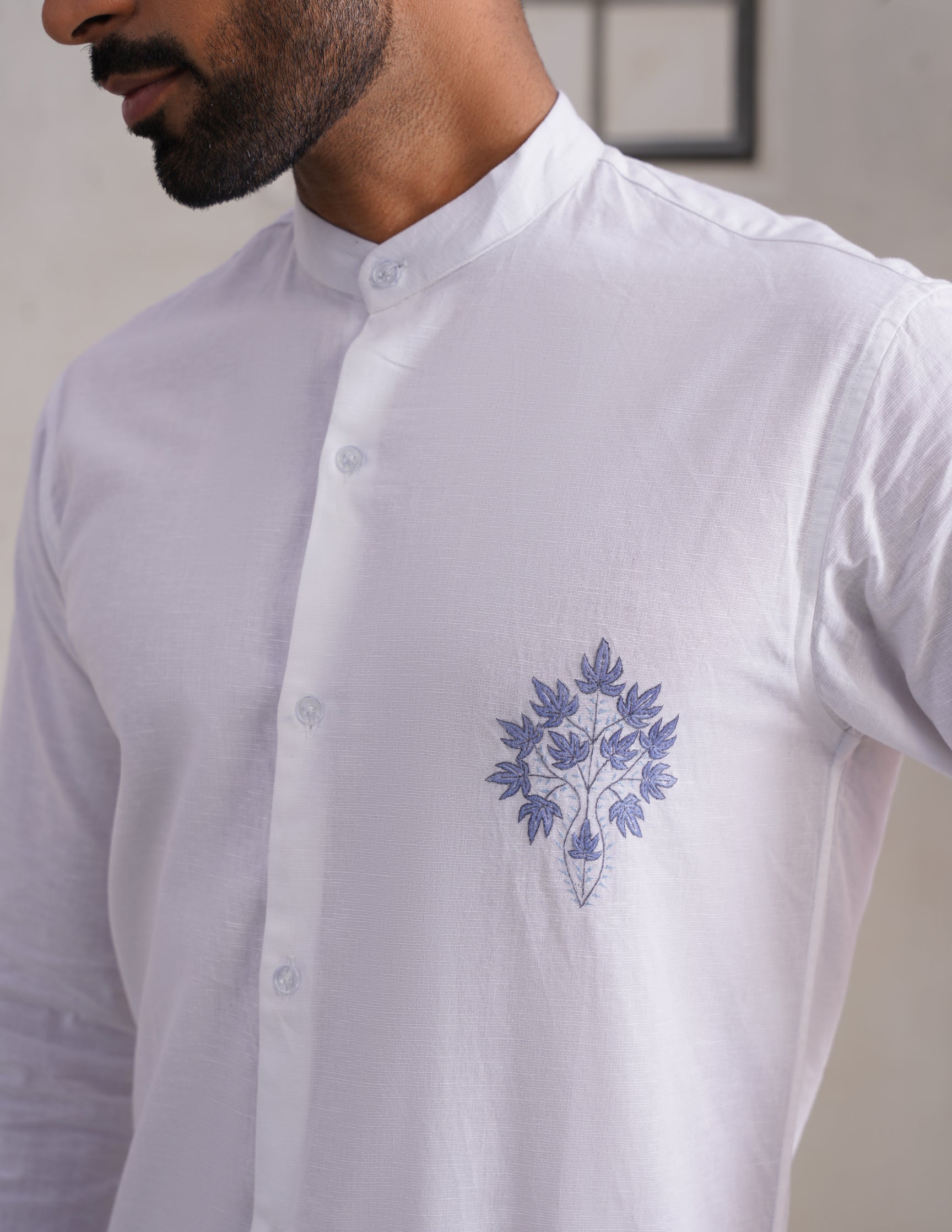 Kashmiri Sozni Chinar Linen Cotton Shirt – White | Handcrafted Heritage - Kashmir Box