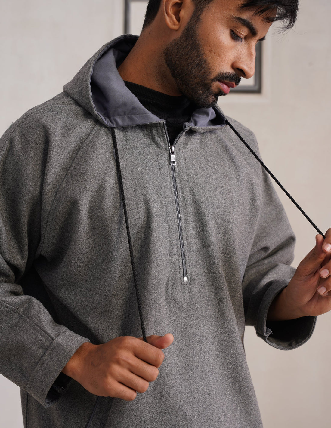Grey Hooded Long Coat-Style Men’s Phiran – Kashmiri Tweed Winter Pheran | AAGAZ