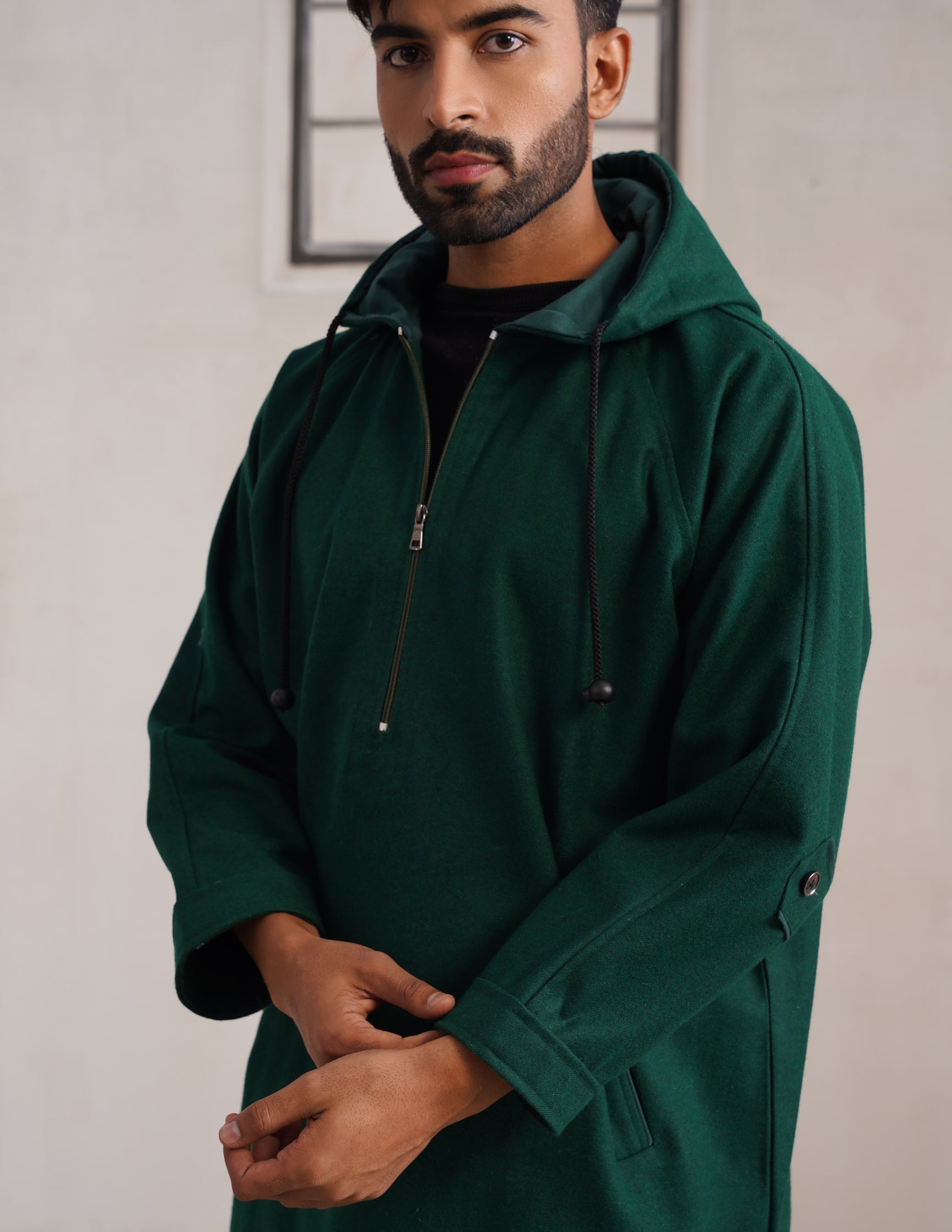 Green Hooded Long Coat-Style Men’s Phiran – Kashmiri Tweed Winter Pheran | AAGAZ