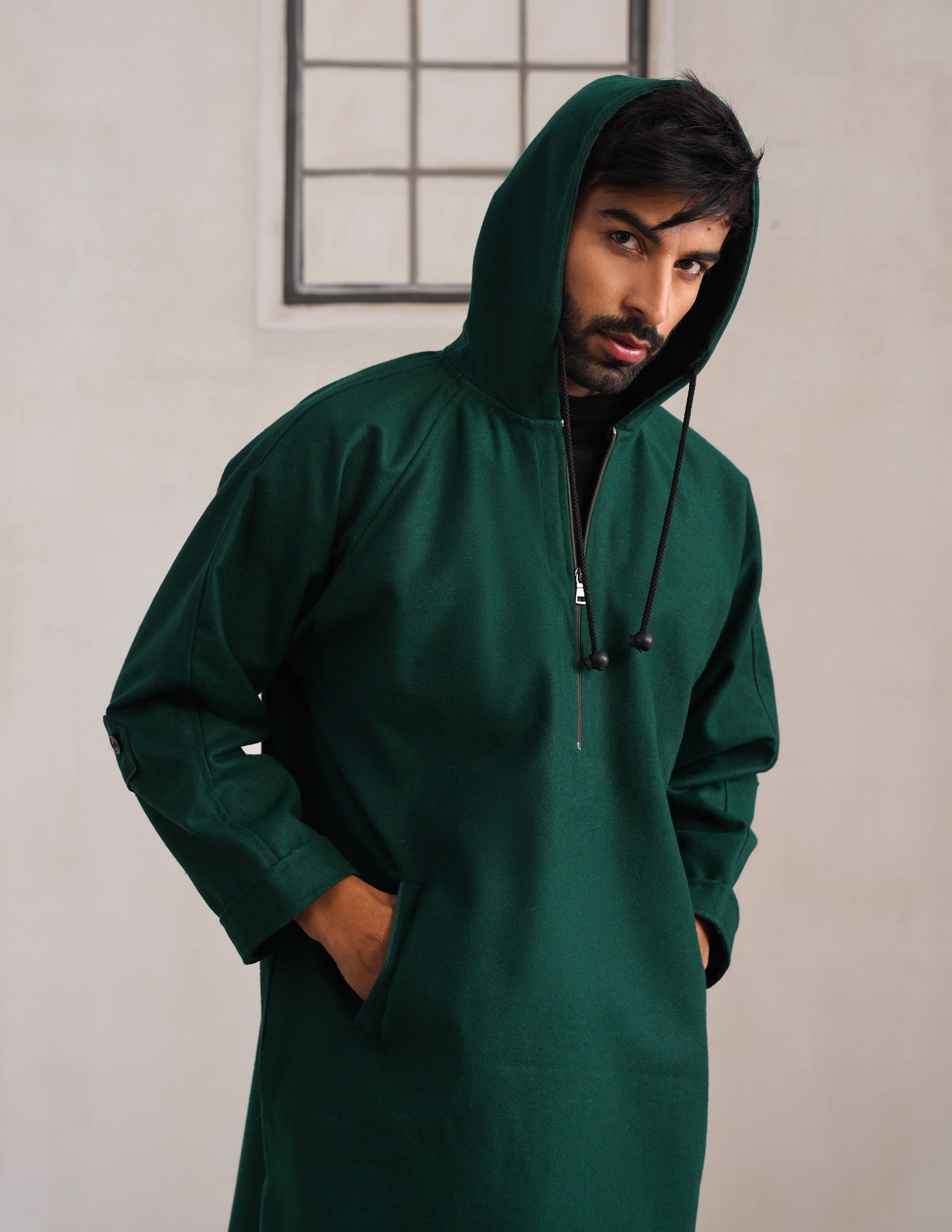 Green Hooded Long Coat-Style Men’s Phiran – Kashmiri Tweed Winter Pheran | HAIDER