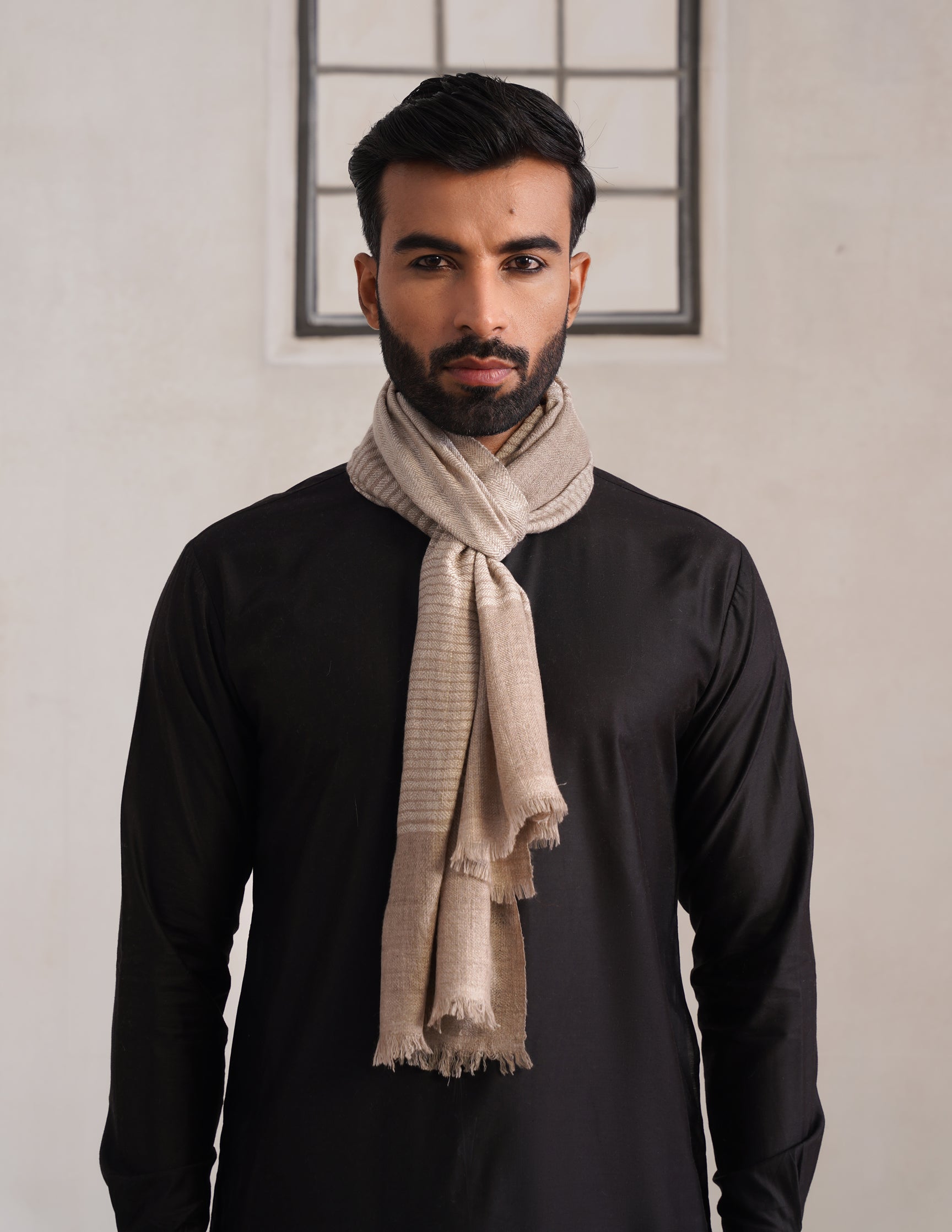 GI Striped Pashmina Muffler – Natural & Off White