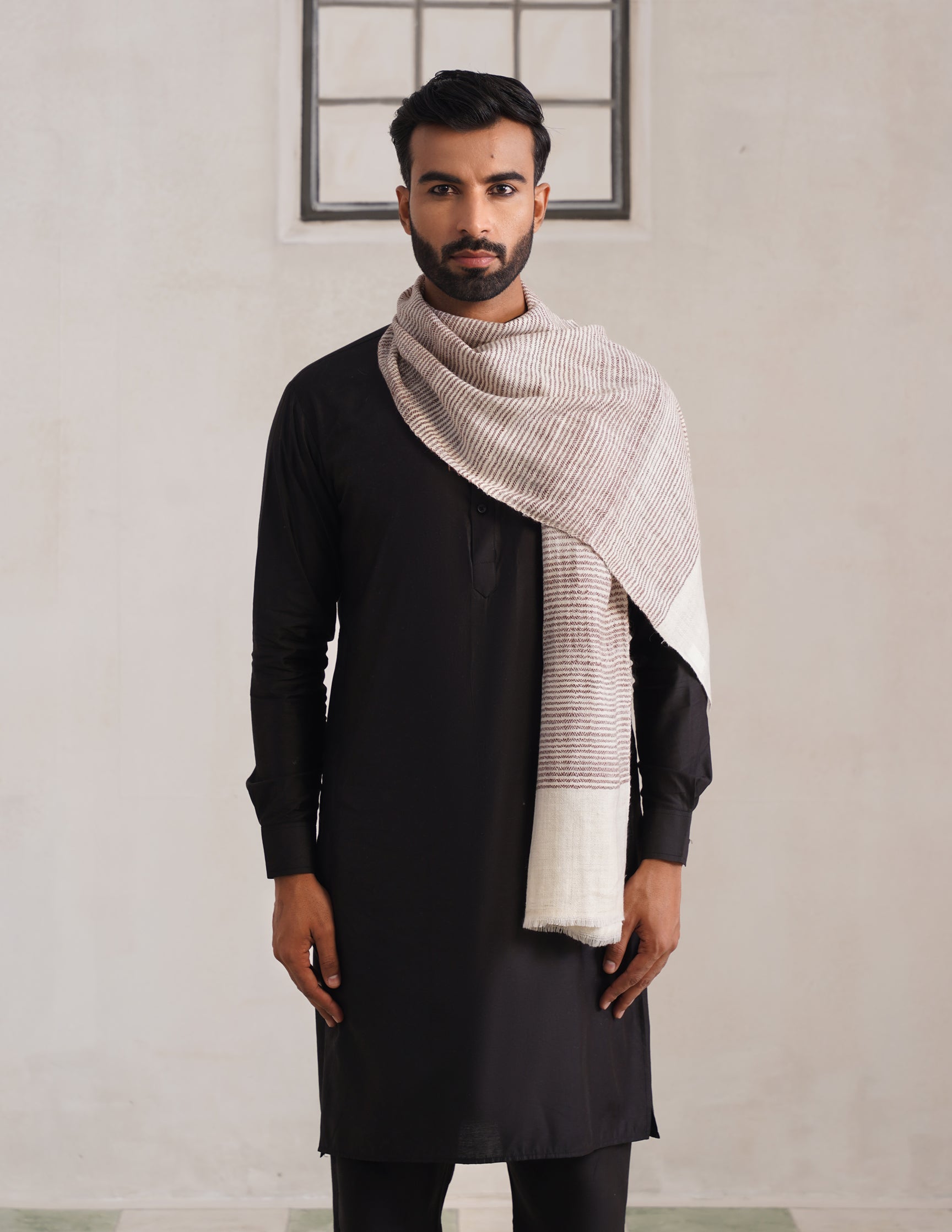 GI Striped Pashmina Muffler – Brown & Off White