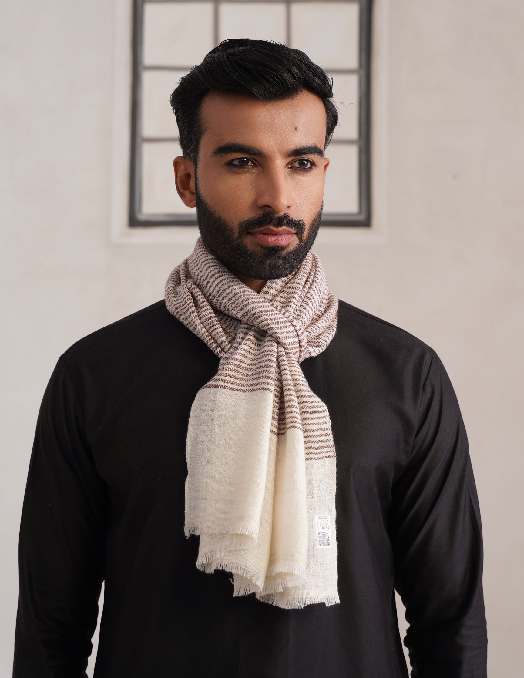 GI Striped Pashmina Muffler – Brown & Off White