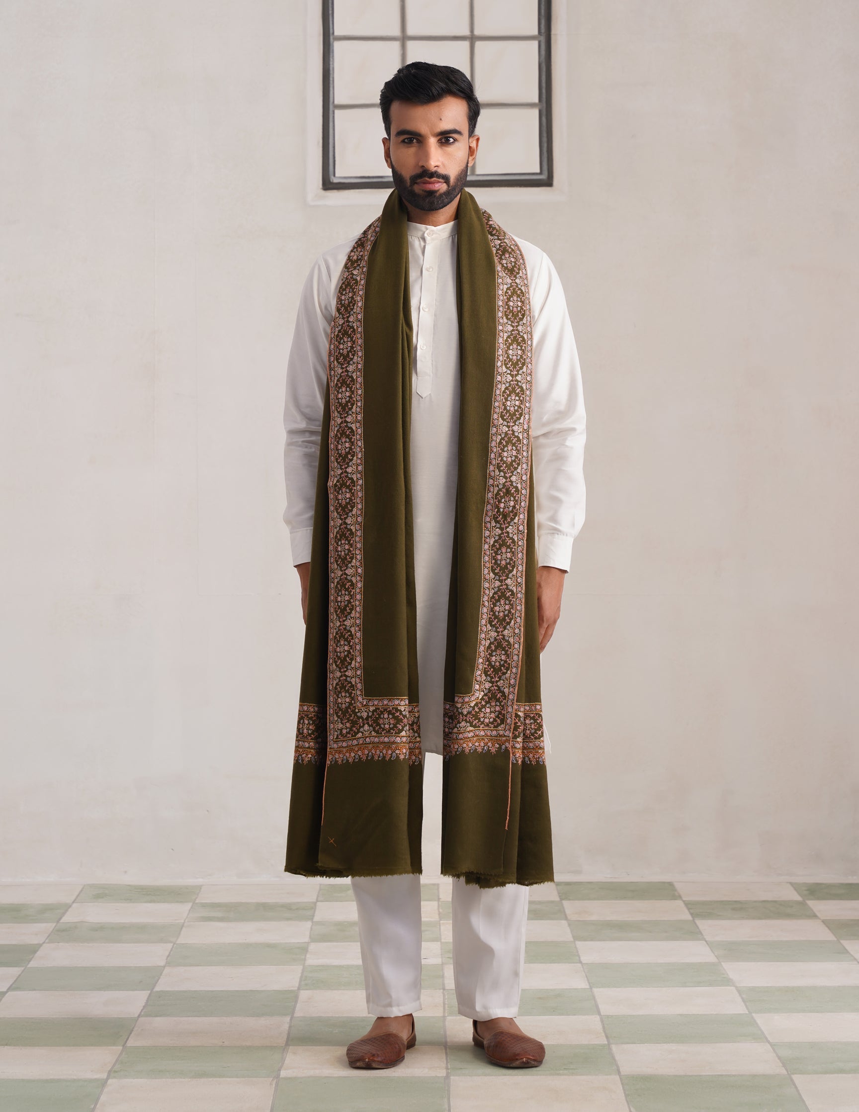 Dordaar Pashmina Shawl – Olive Green (Multicolour Sozni)