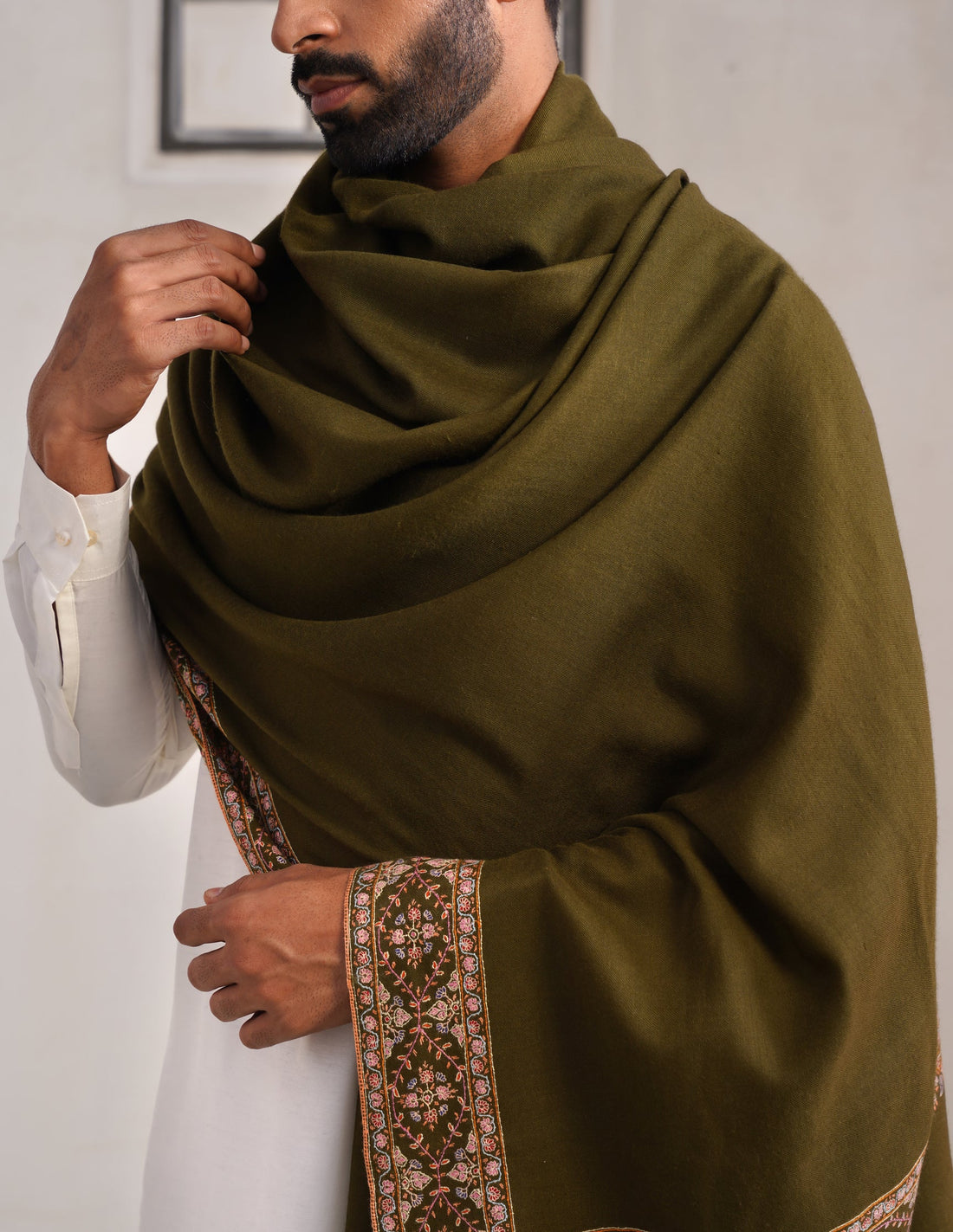 Dordaar Pashmina Shawl – Olive Green (Multicolour Sozni)